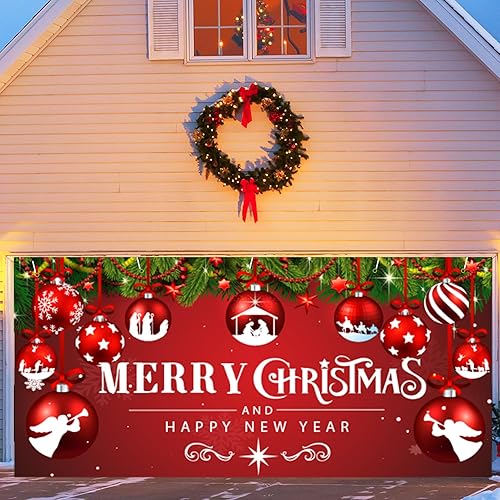 Miniatura 2 de Pancarta de Navidad para puerta de garaje, 7 x 16 pies, decoración de feliz año nuevo, bola roja de invierno, decoración de puerta grande,