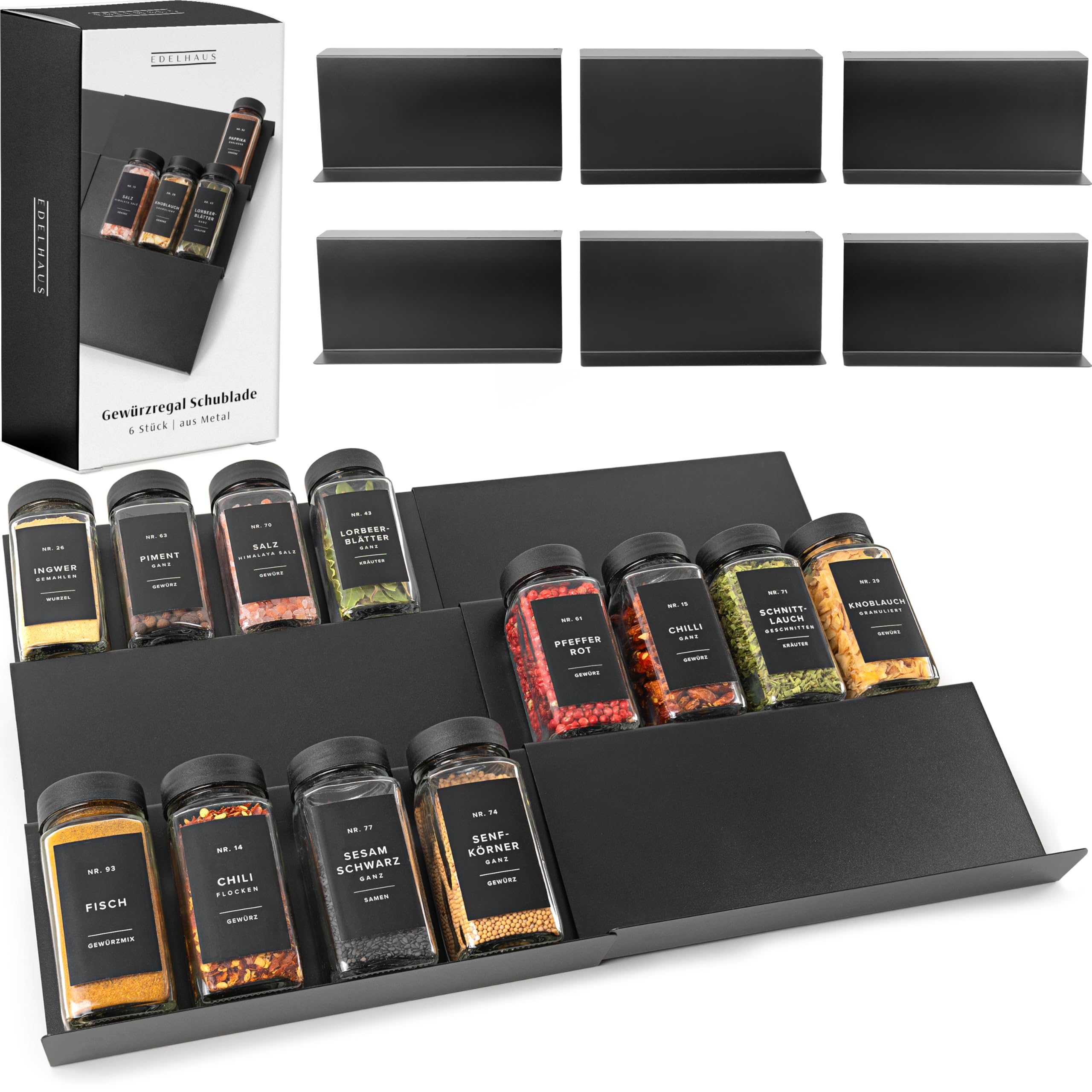 EDELHAUS Gewürzregal Schublade, Gewürz Organizer Schublade, Küchen Gewürzregal Ausziehbar für bis zu 30 Gewürzgläser Gewürztreppe für Gewürzschublade Schubladeneinsatz Schwarz (Gläser nicht enthalten)