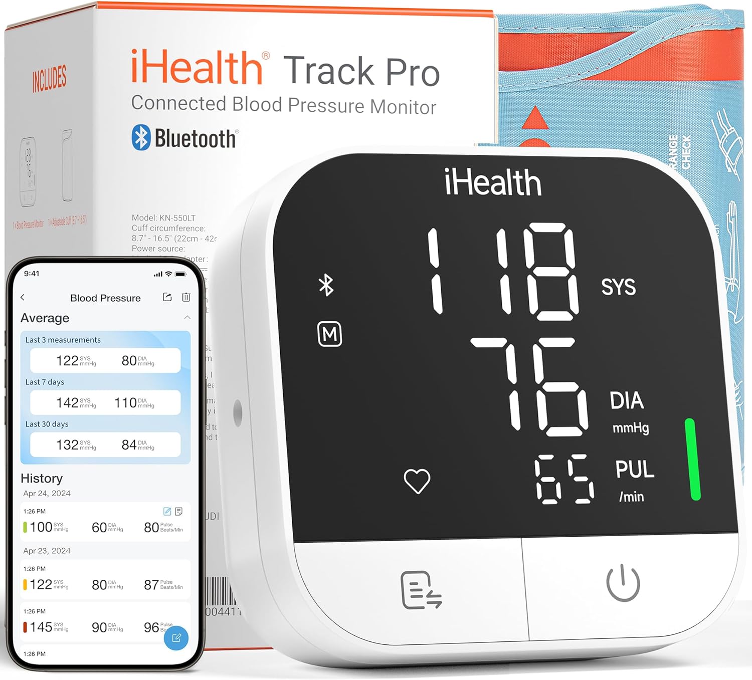 iHealth Track Pro Upper Arm Blood Pressure Monitor, Full-View LED Screen​, Body & Cuff Detection, App-Enabled for iOS & Android, Adjustable Cuff Large Adults Arm Friendly