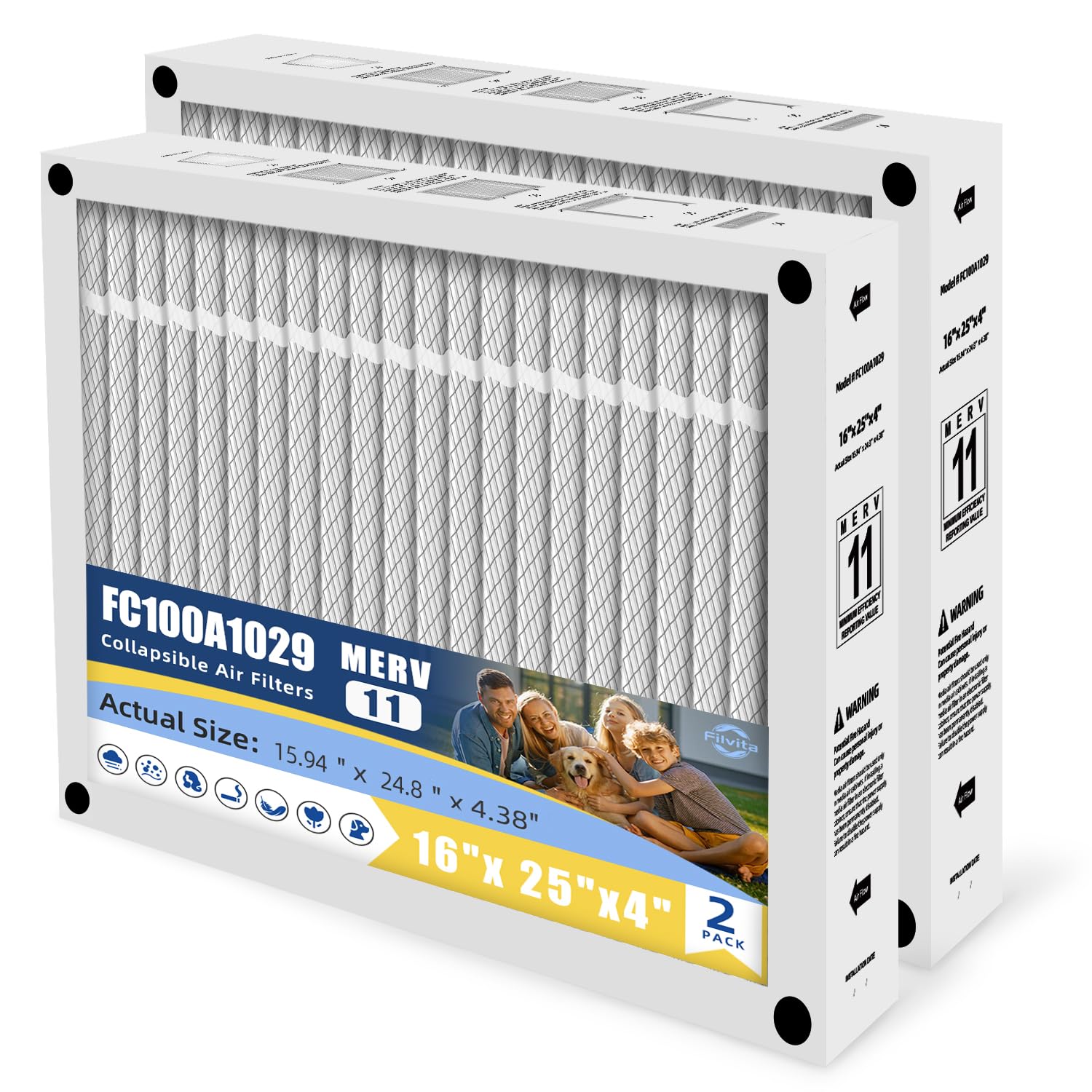 Photo 1 of 16x25x4 Air Filter MERV 11 Replacement Compatible with Honeywell FC100A1029 Pleated HVAC,Foldable Design for Easy Installation(2-PACK)