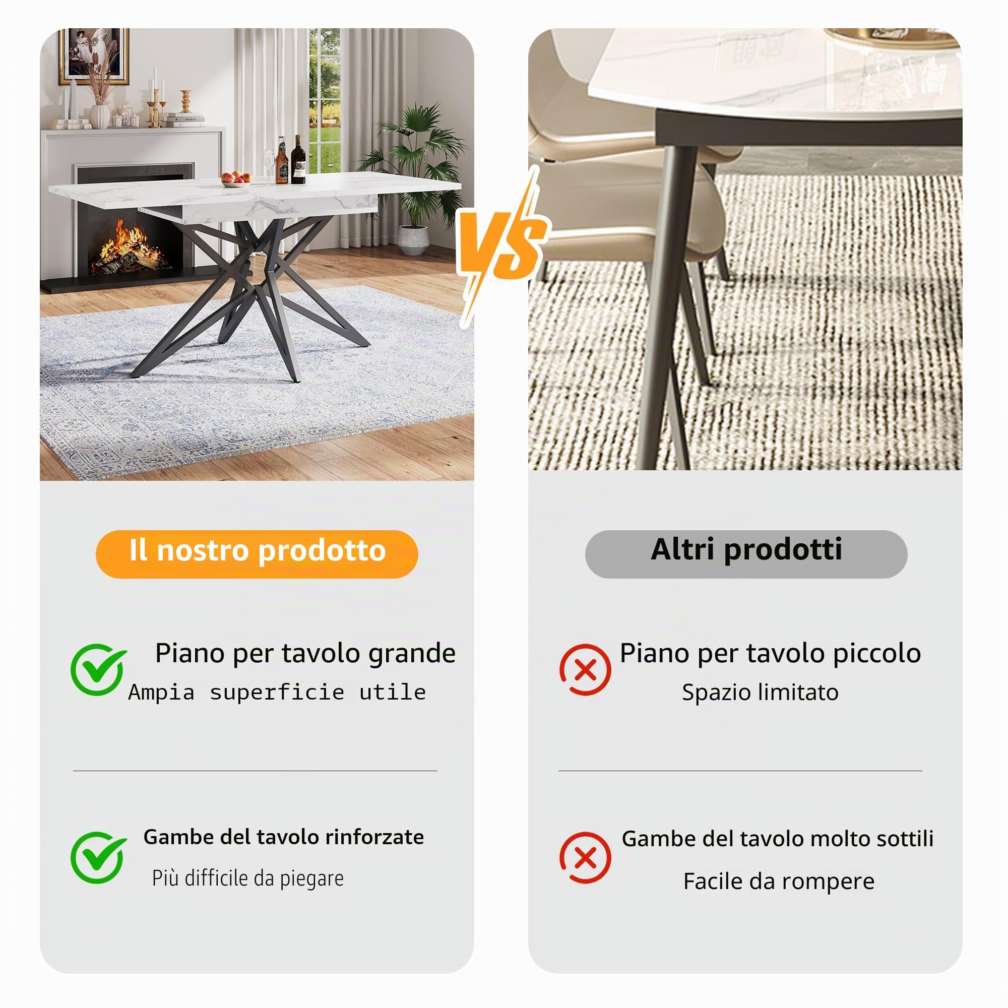 Bladez Set da pranzo allungabile con 4 sedie in velluto, tavolo da pranzo, tavolo rettangolare, 120-160 cm, tavolo in legno, moderno, per 4-6 persone, per sala da pranzo (marmo bianco)