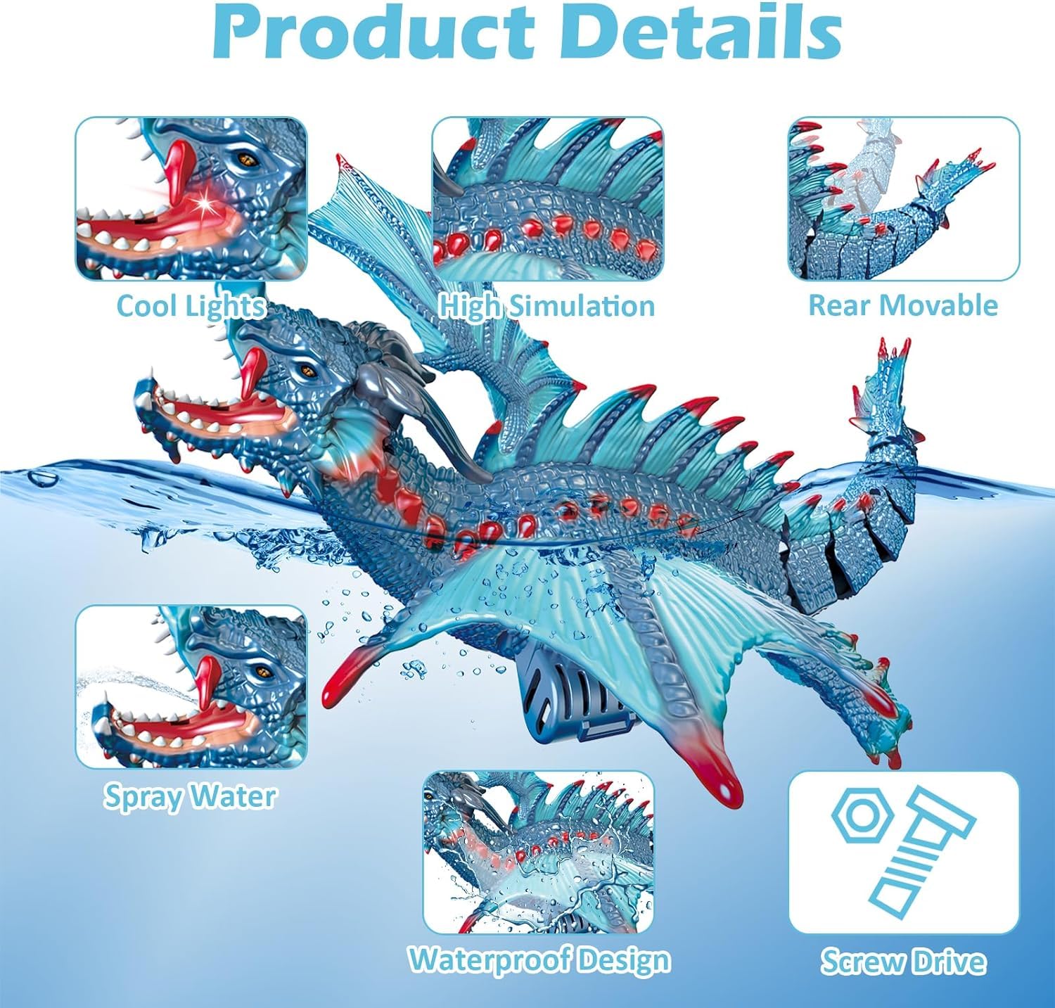 Riderev Remote Controlled Dinosaur Toy, 2.4GHz RC Boat Dino Water Toy for Children with Light and Water Spray Function, Electric Pool Toy Gifts for Boys Girls (Multicolor) 1
