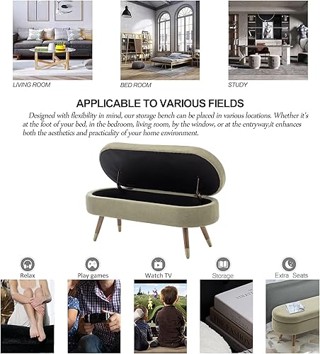 Miniatura 35 de IAFIKE Banco de almacenamiento ovalado de 43.5 pulgadas, banco otomano tapizado de tela boucle con patas de metal dorado, extremo de cama para