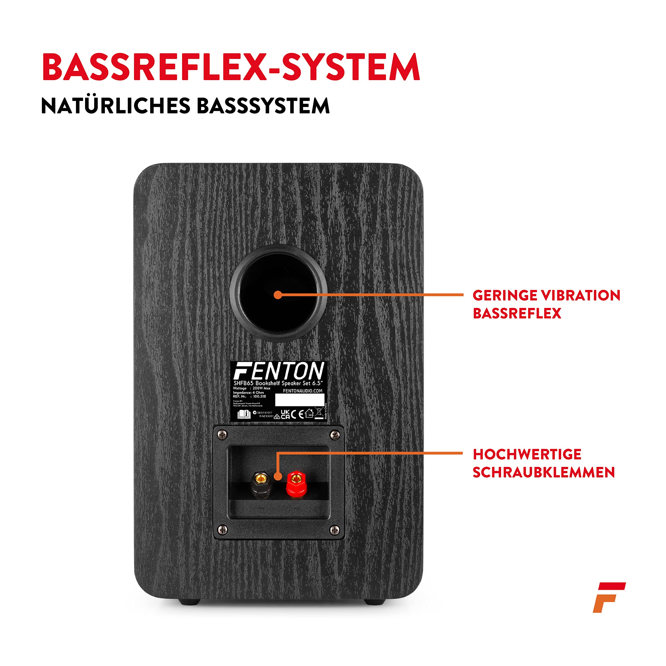 Fenton SHFB65 HiFi Lautsprecher, Regallautsprecher 6,5 Zoll, 200 Watt Kompaktlautsprecher, rutschfeste Gummifüße, Schraubklemmen, Lautsprecherset, Stereo Boxen
