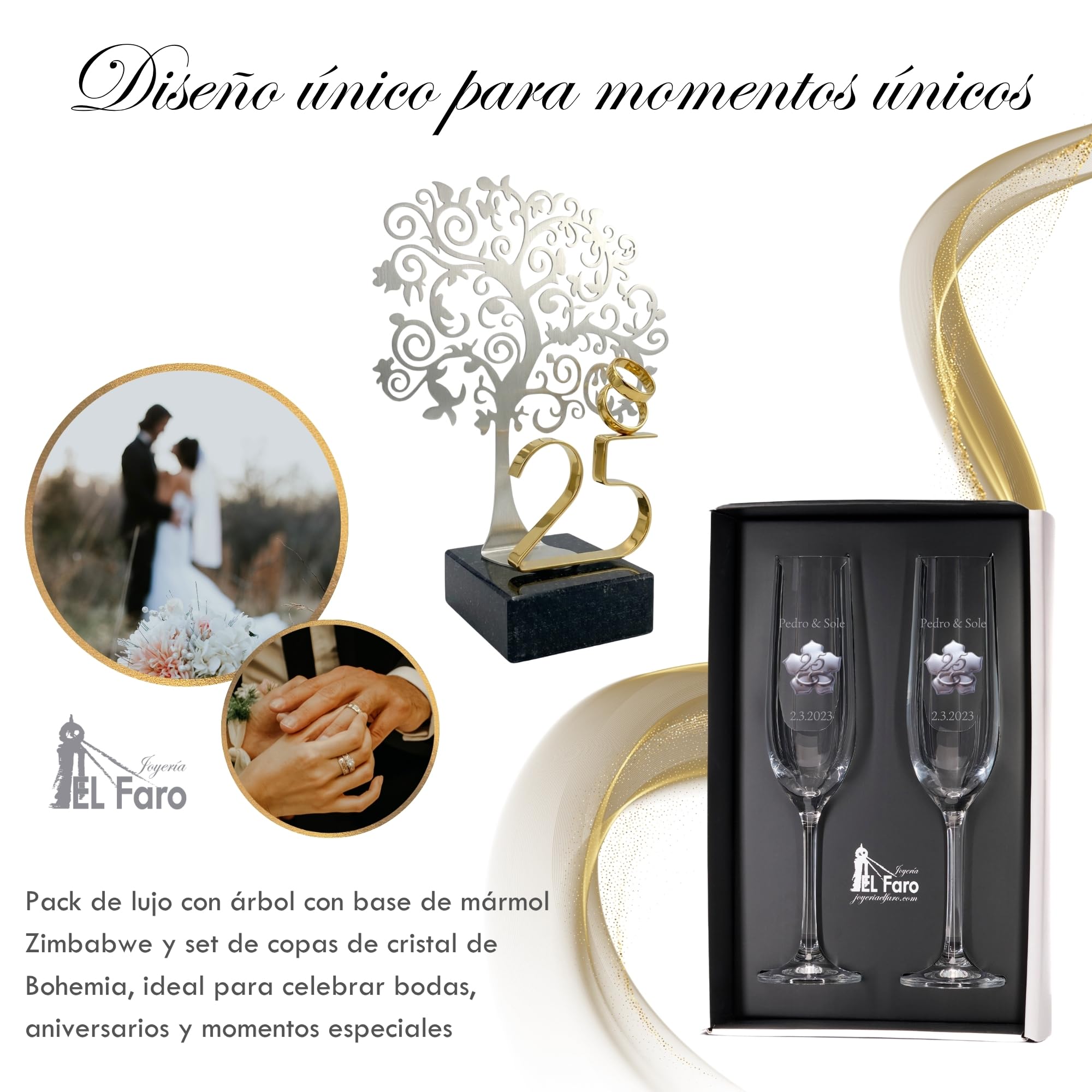 JOYERIA EL FARO Regalos de Boda 25 Aniversario Bodas de Plata | Pack con 8 globos gratis, Grabado personalizado, Presentación en estuche premium