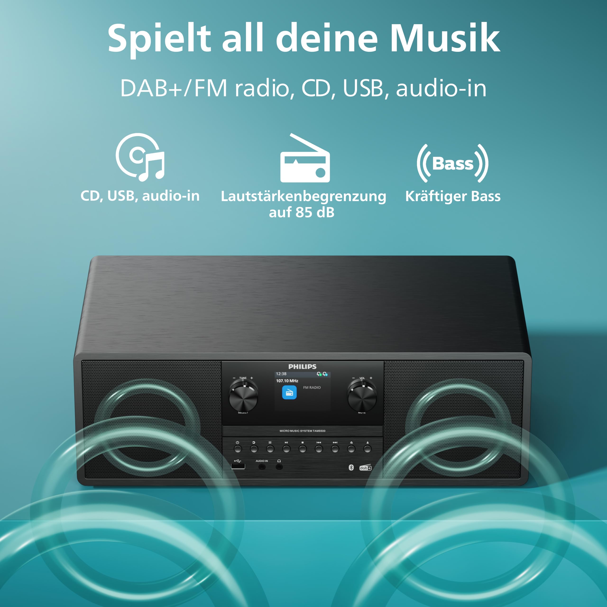 Philips TAM6500/10 100-Watt-Mikro-Musiksystem, Bluetooth 6.0, Auracast, DAB+/UKW-Radio, CD/USB/Audio-Eingang, Bassreflex-Lautsprecher, Farbdisplay, Fernbedienung, Recyceltes Plastik – Schwarz