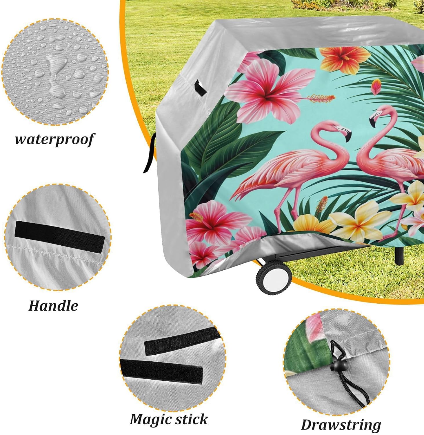 Grill Cover Floral Tropical Exotic Flowers Flamingo BBQ Grill Cover Barbeque Gas Grill Cover for Outside BBQ Picnic Party