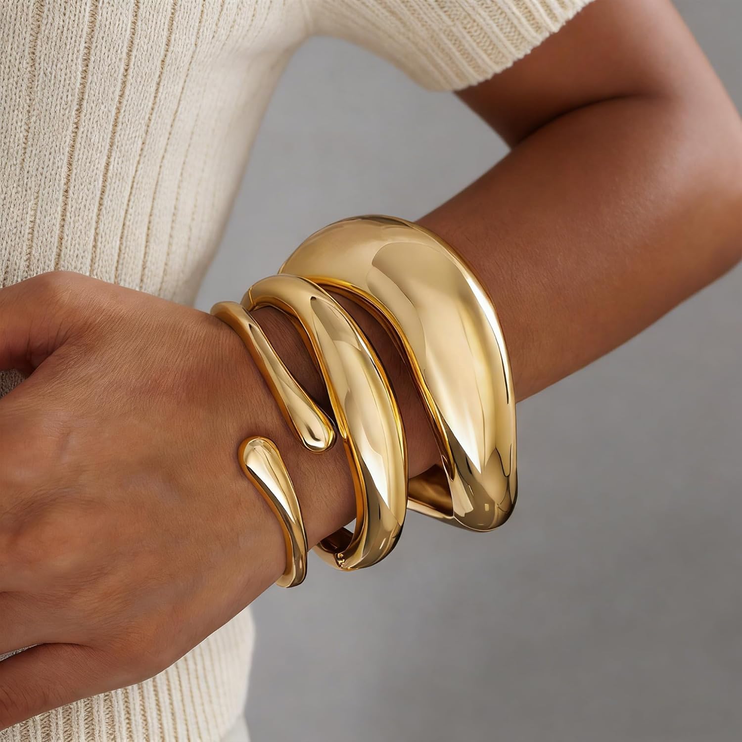 Chunky Gold Bangle Bracelets for Women, 14k Gold Plated Trendy Stackable Bangles Set, Dainty Cuff Bracelet Stack Jewelry for Gifts - Image 2