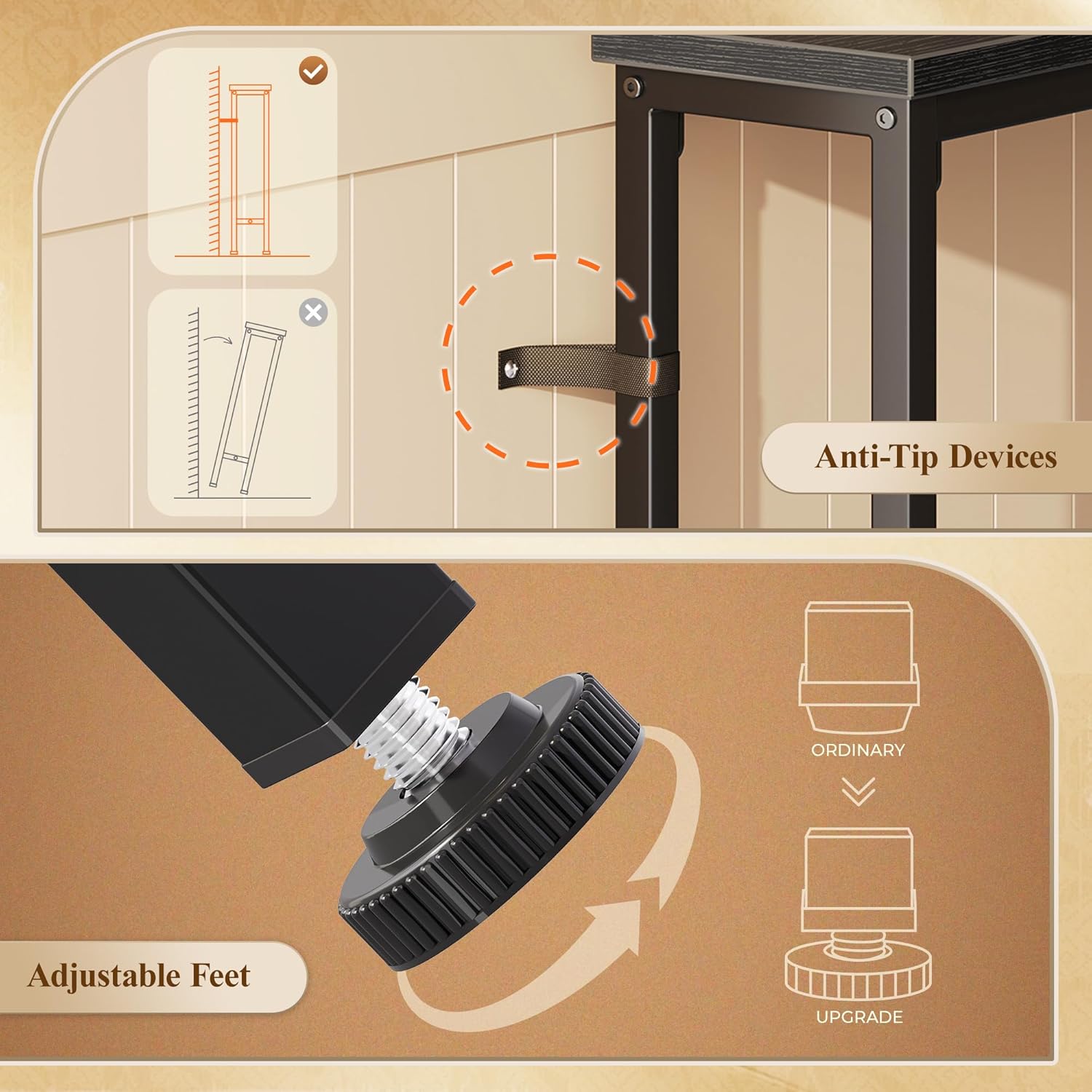 Diagram showing anti-tip devices and adjustable feet for the sofa table