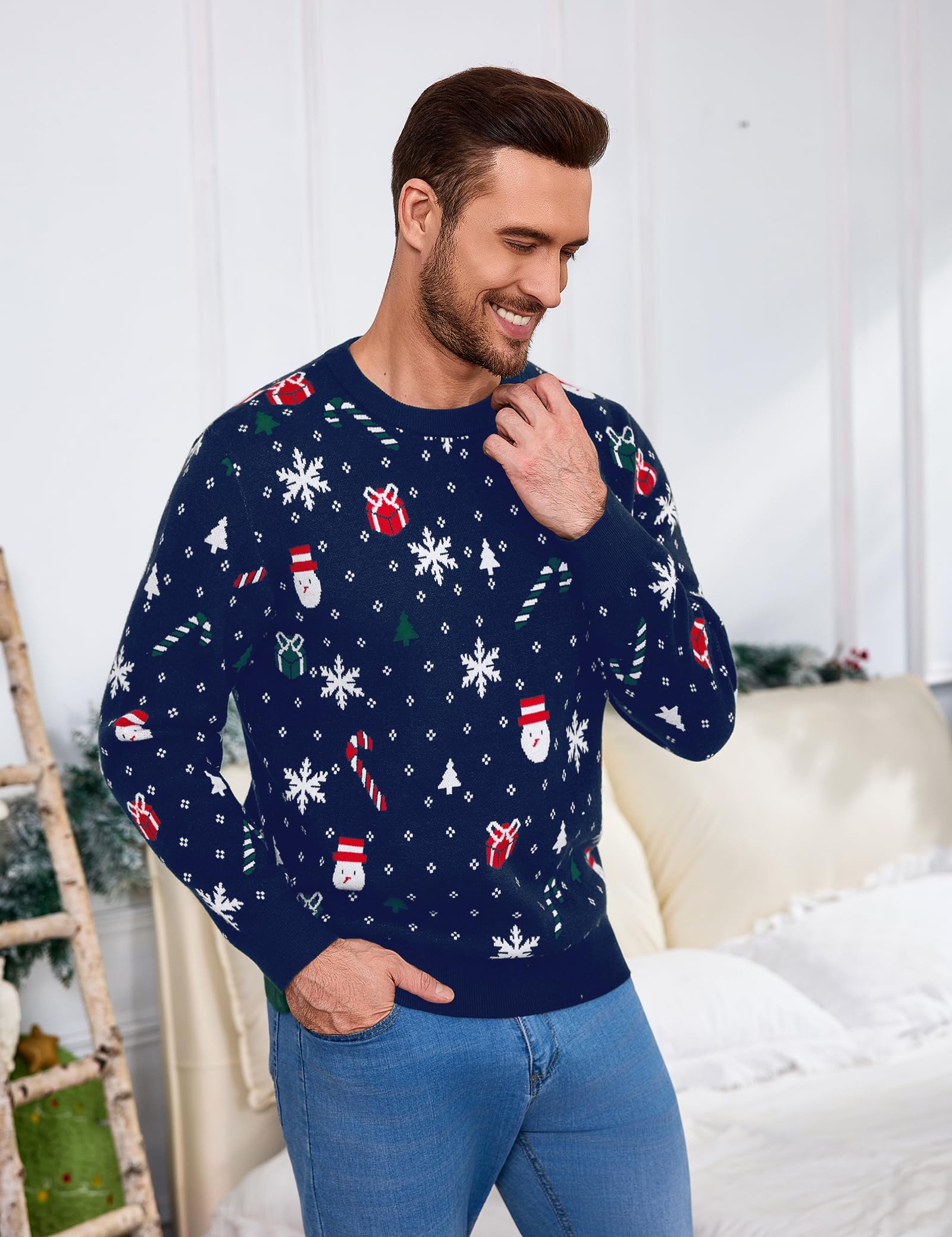 Aottori Jersey Navidad Mujer Hombre Manga Larga Cuello Redondo Reno y Nieve | Para Invierno, Diseño Pullover, para Fiestas Navideñas, Ideal para Capas, Fácil de Combinar