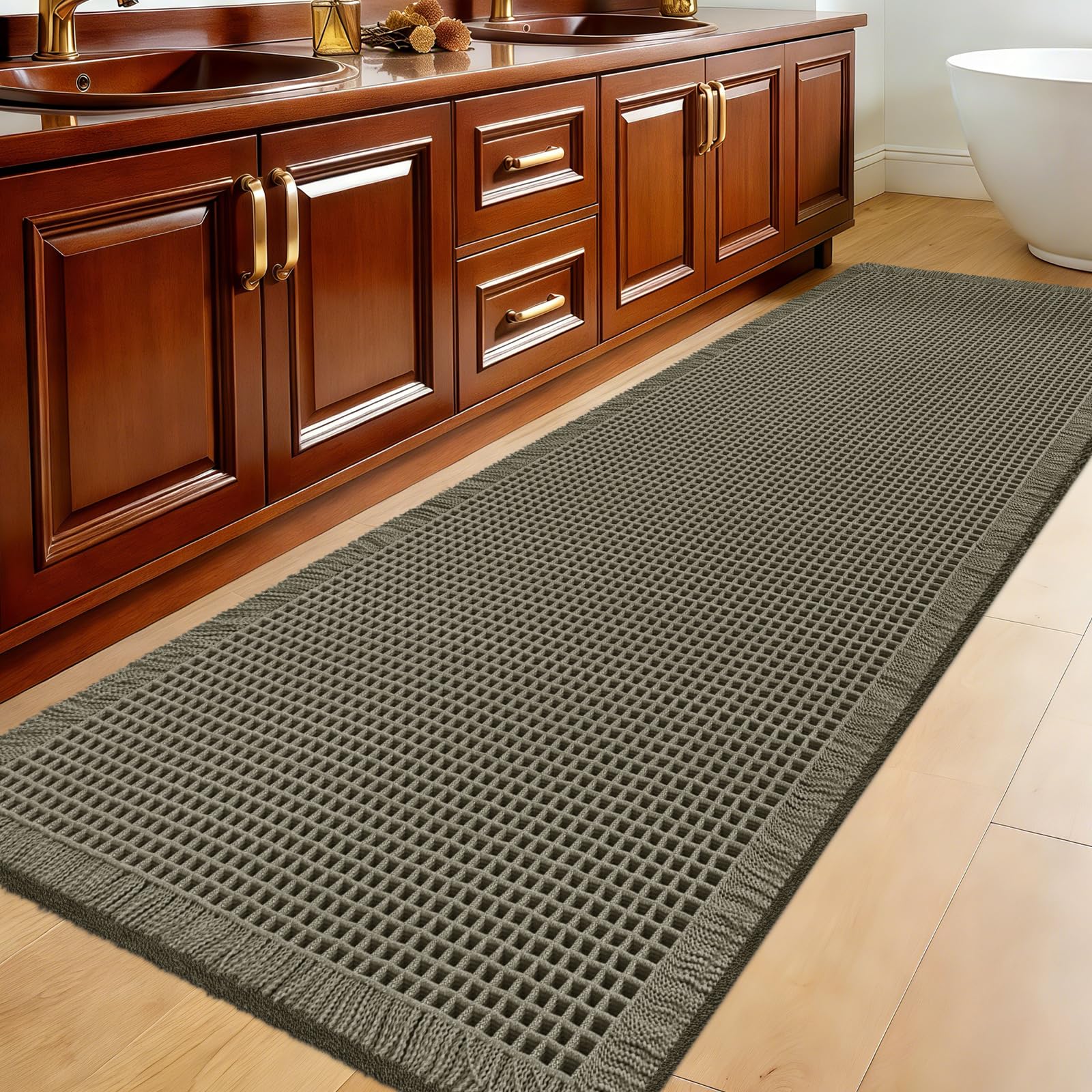 Extra Large Waffle Bath Mat 6x2 Greyish Green Super Absorbent Non-Slip Quick Dry Bathroom Rugs with Tassels Machine