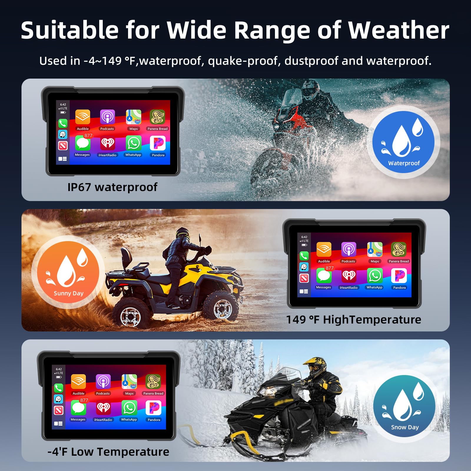 Schermo Carplay Moto Senza Fili 7 Pollici Impermeabile Touchscreen Doppio Bluetooth Navigazione GPS Android Auto +64G Card