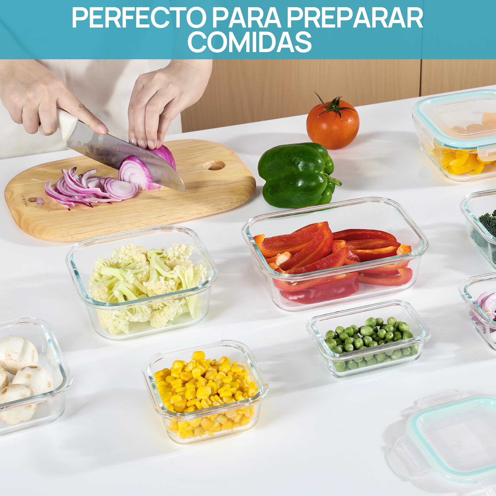 Vtopmart Set de 8 Unidades Recipientes de Cristal para Alimentos, Recipientes de Vidrio Hermeticos con Tapa, Reutilizables, Apilables, Apto Lavavajillas y Microondas,Libre de BPA — view 4