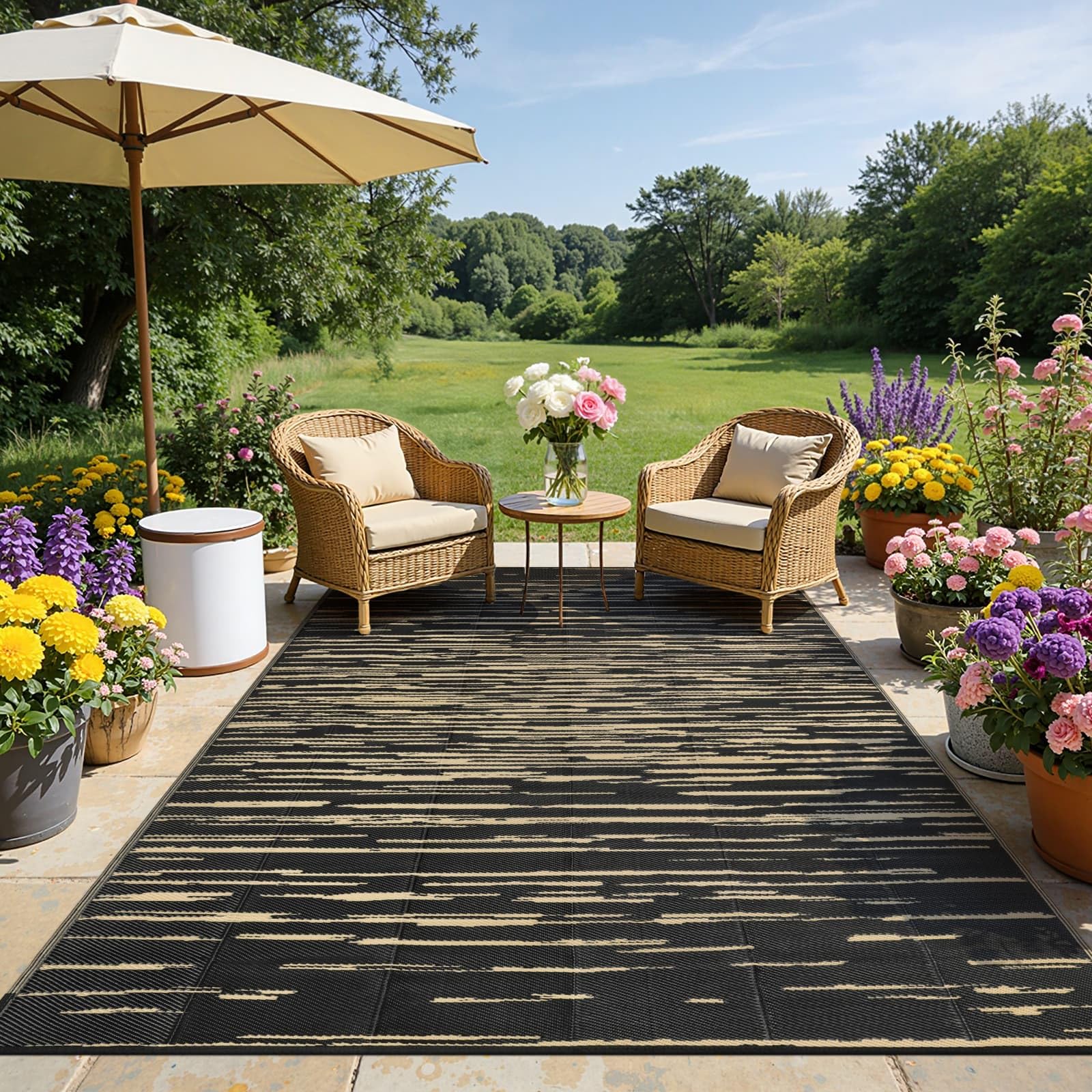 SHACOS Large Outdoor Rug 240 x 300 cm Garden Rugs Waterproof Reversible Mat Plastic Straw Rug UV Resistant Outdoor Camping Mat for Patio, RV, Backyard, Picnic, Balcony, Deck, Black