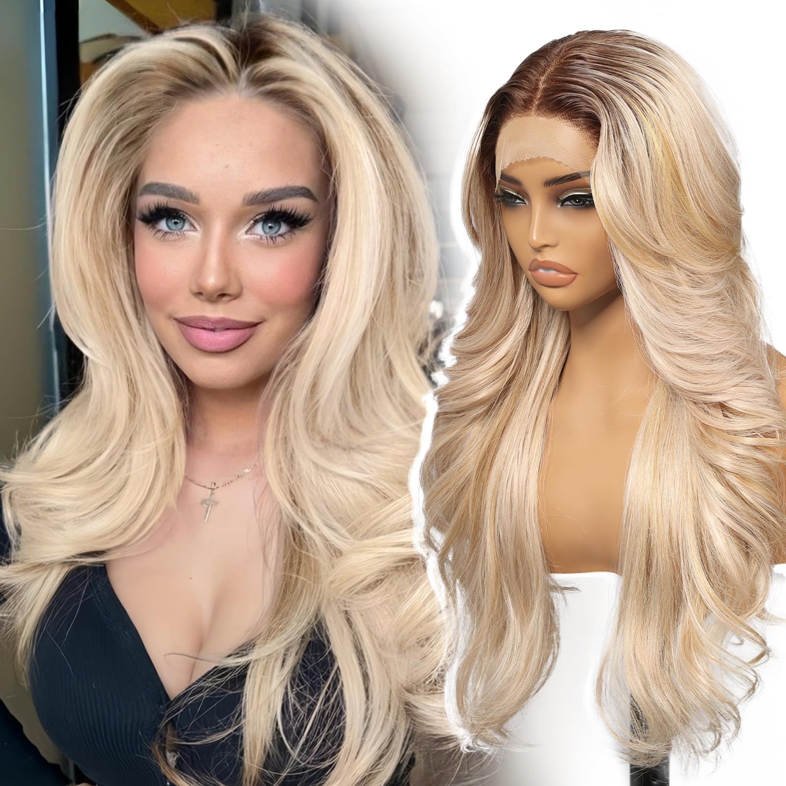 KOME Ombre Blonde Layered Wave 13x4 Synthetic Lace Front Wig for Women 26IN