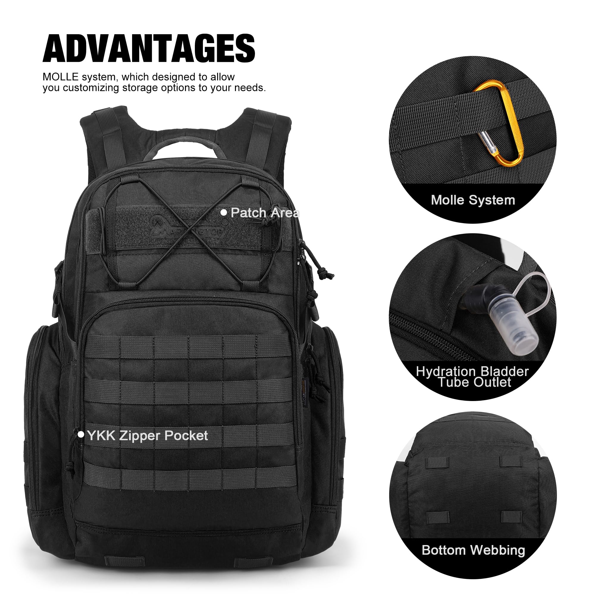 Mardingtop Sac à dos tactique de 40 L pour extérieur, camping, voyages, randonnée, Noir , 40
