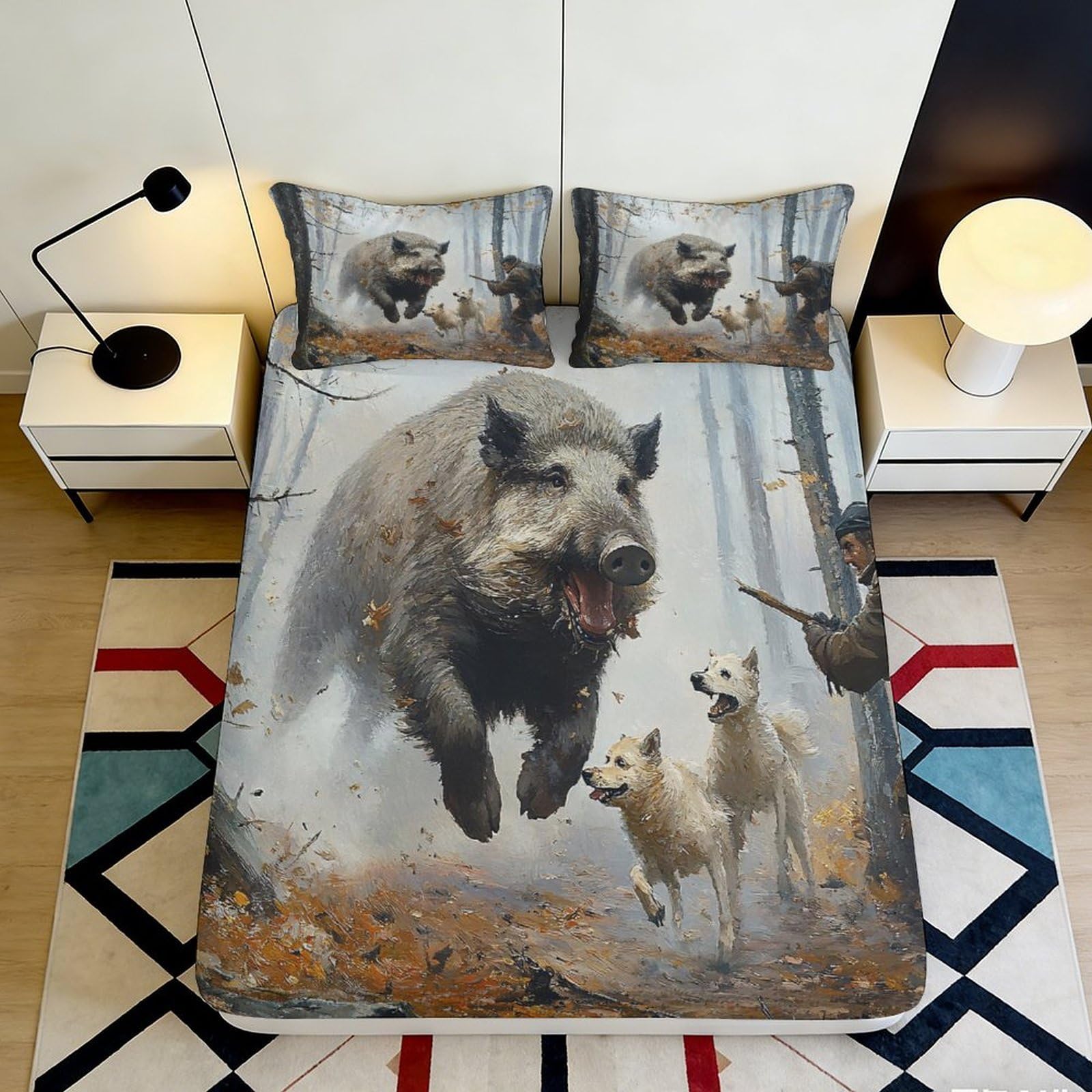 Jqzkxnhpbr Style-10 3D Printed Wild Boar Forest Fitted Sheet Microfiber Soft Breathable Hunting Dog Mattress Cover For Bedroom Guest Room Decor 90X200x25cm