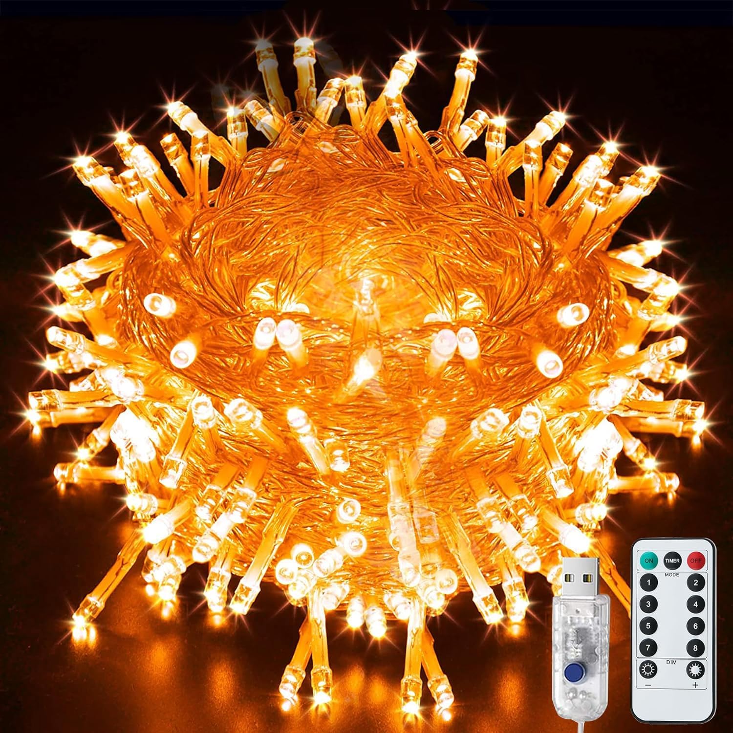LITYBY USB String Lights,8 Modes Fairy Lights Mains Powered Waterproof Outdoor/Indoor Christmas Lights with Remote Timer for Bedroom, Party, Wedding, Halloween Decoration(Orange)