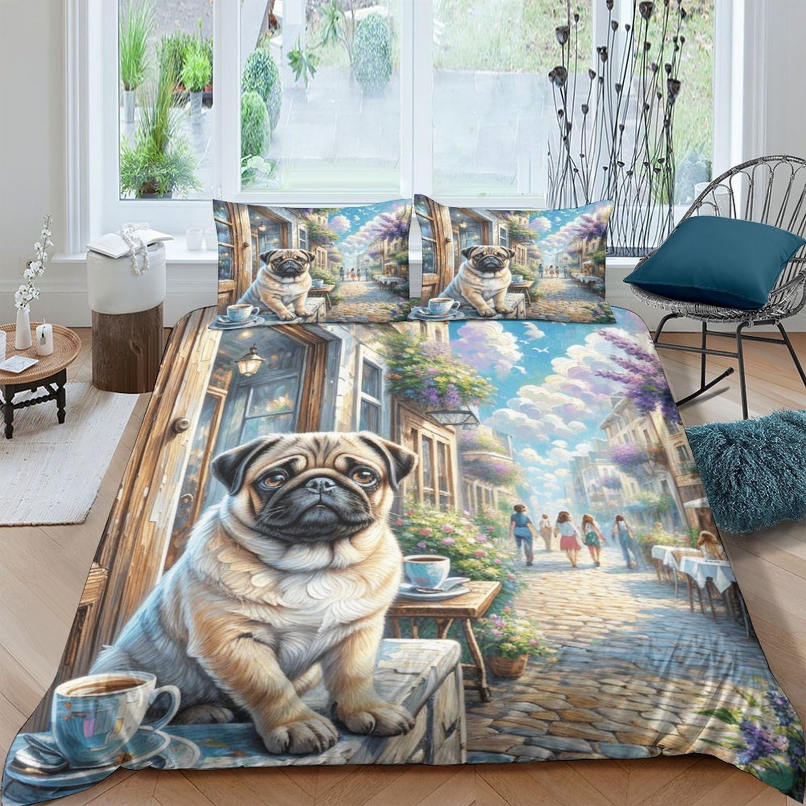 WXLWHR Pug Duvet Cover Set Soft Microfiber 3 Piece 3D Printed Bedding Sets Pug Cafe Quilt Covers with Pillow Cases For Teenage Boys Double（200x200cm）