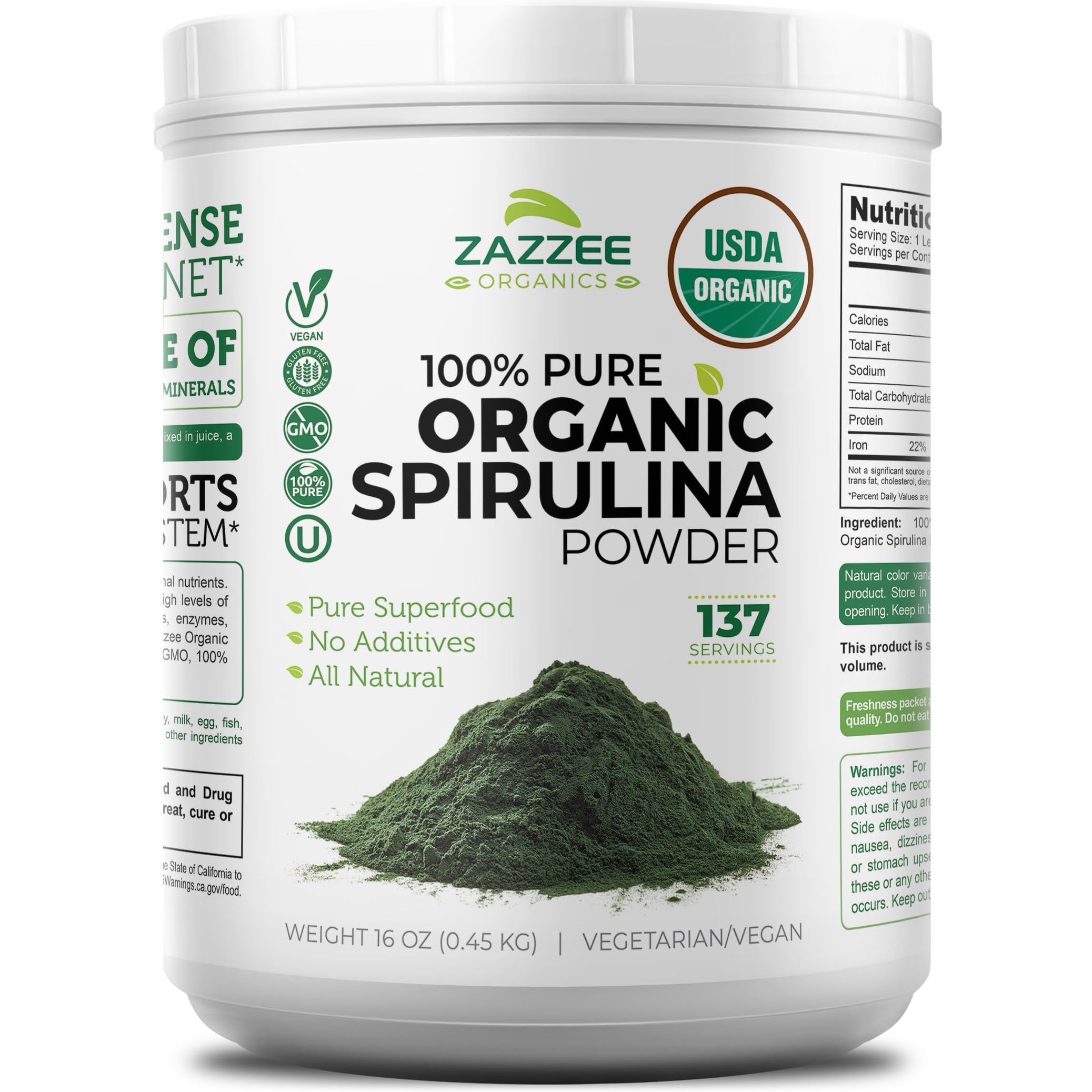 Zazzee USDA Organic Spirulina Powder, 16 Ounces, 137 Servings, 100% Pure 16 Ounce (Pack of 1)