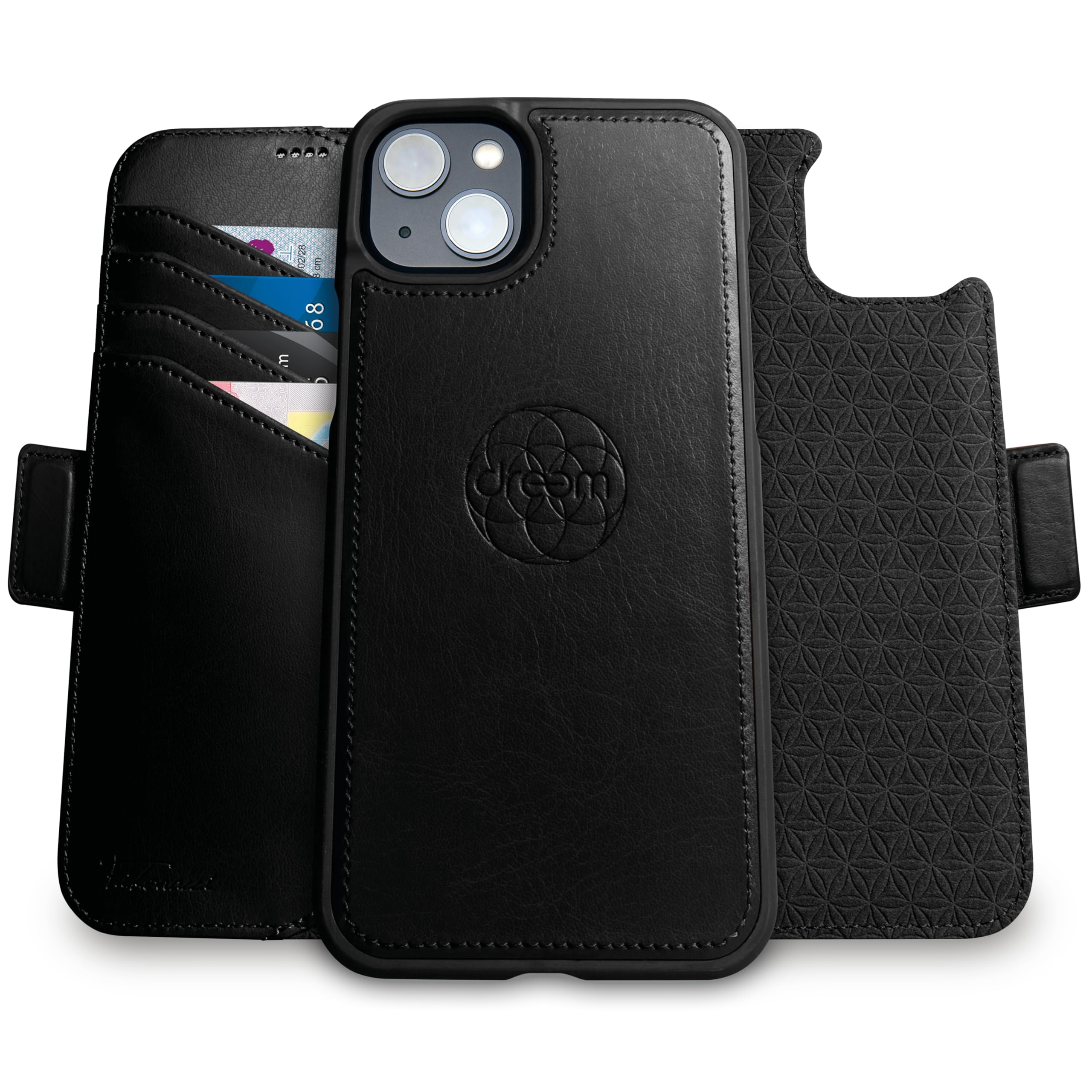 Dreem iphone 15 plus ケースウォレット、画期的なスマートフォンスタンド、ヴィーガンレザー、MagSafeフィット対応、マグネット着脱式フリップカバー、RFID保護カードホルダー、ギフトボックス入り、Fibonacci：ブラック