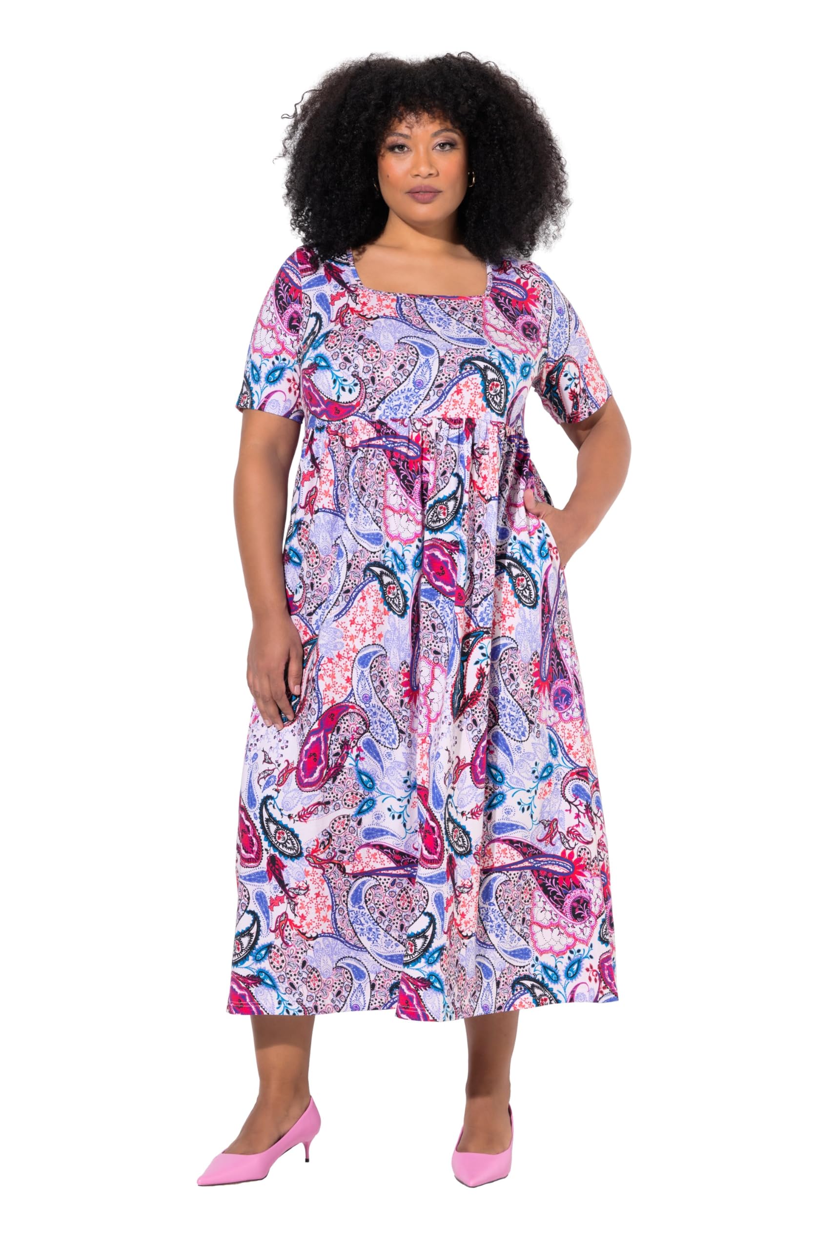 Ulla Popken Damen große Größen Übergrößen Plus Size Maxikleid, A-Linie, Carree-Ausschnitt, Halbarm, Taschen 838172