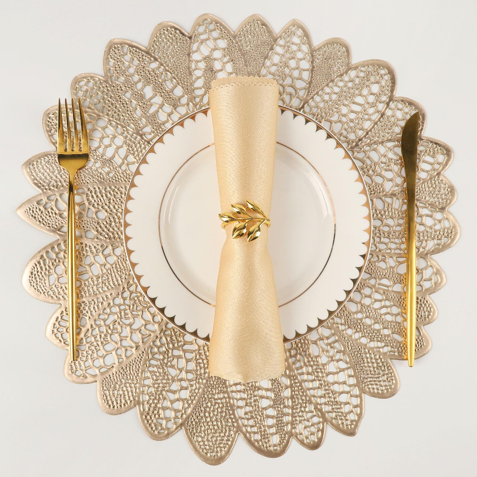 Evevda Placemats for Dining Table Set of 6 Gold Round Hollow Out Table Mats Pressed Metallic Vinyl Plastic Place Mats Table Decoration for Holiday Wedding Accent Centerpiece(Gold Flower)