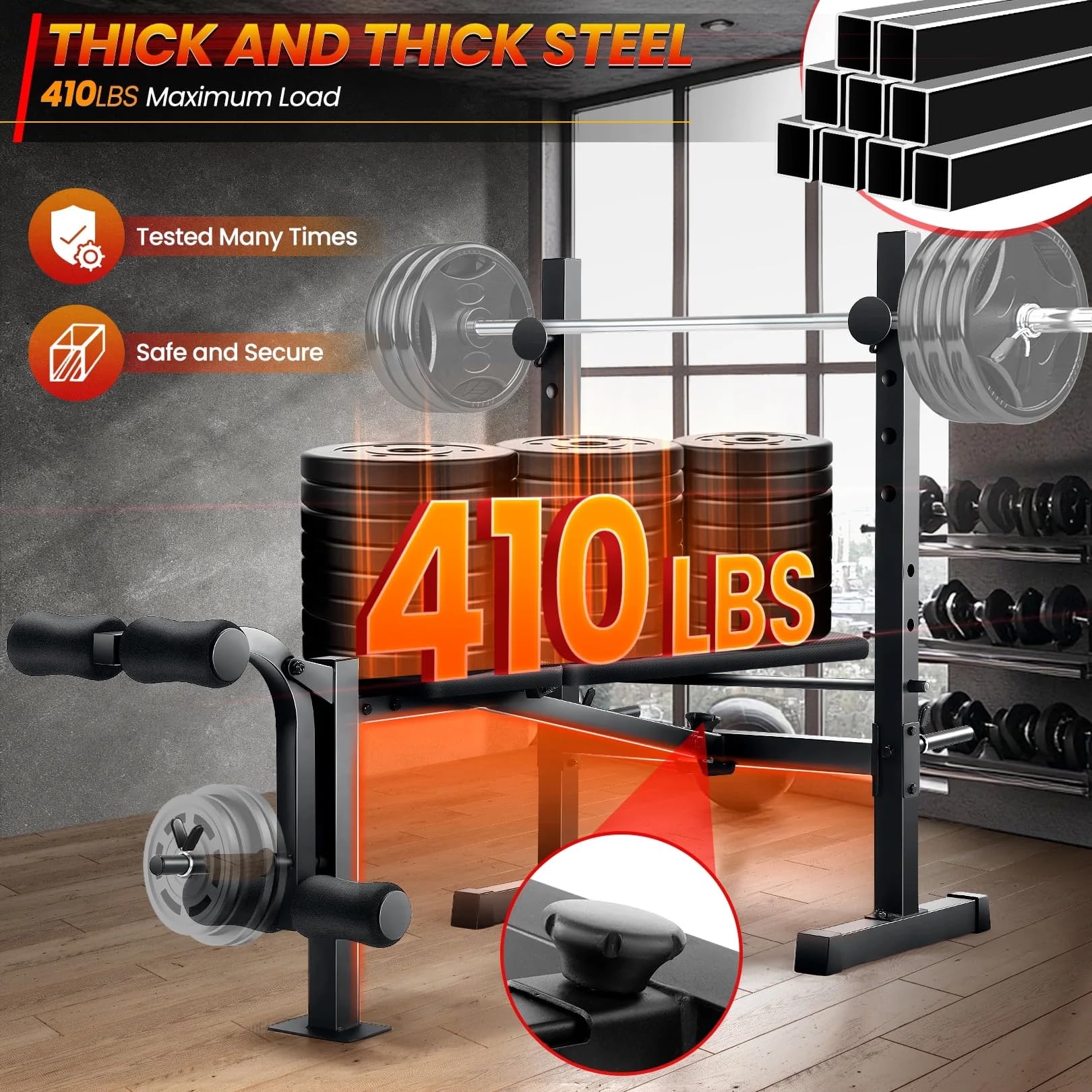 Foldable Weight Bench Press with Leg Extension and Leg Curl, Adjustable Workout Bench Set with Squat Rack, Olympic Weight Bench for Home Gym Full-Body Strength Training