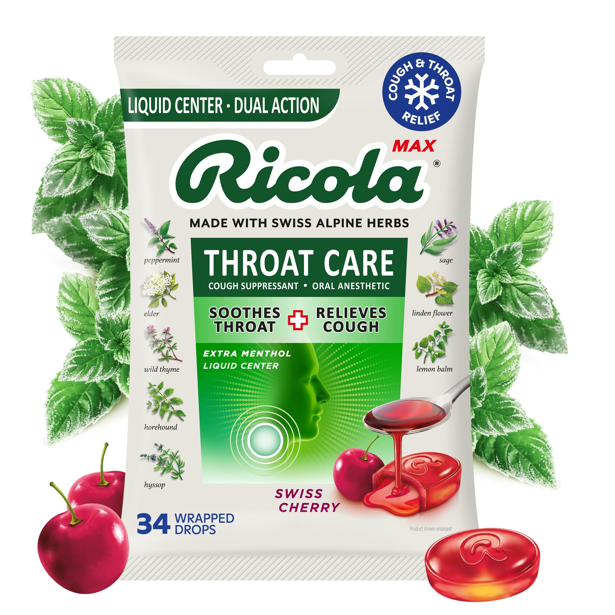 Max Swiss Cherry Throat Care Large Bag | Cough Suppressant Drops | Dual Action Liquid Center | Soothing Long-Lasting Relief - 34 Count (Pack of 1)