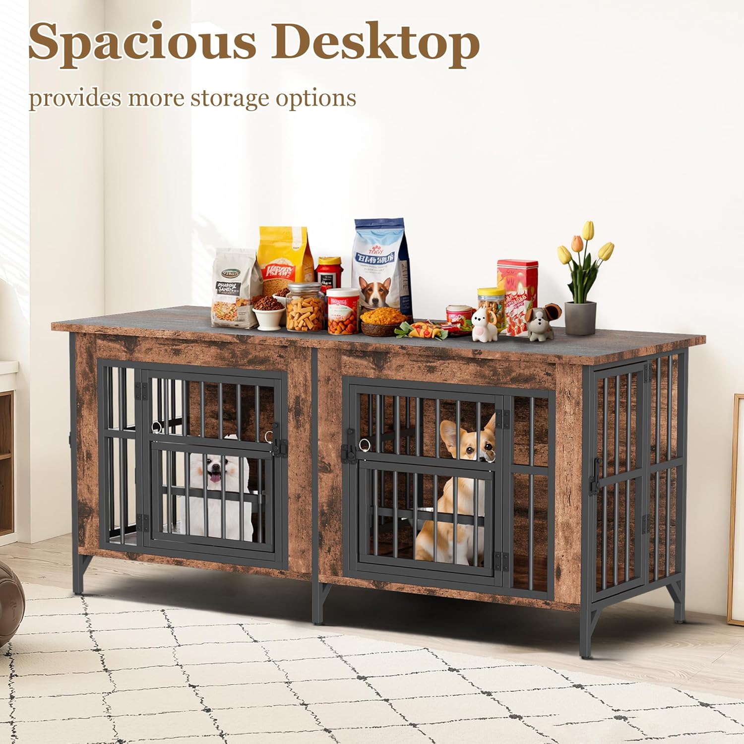 Dog Crate Furniture, Double Dog Cage with Storage Top and Rotatable Food Bowls, Decorative Wooden Dog Kennel with Adjustable Footpads for Living Room, Indoor Use (62.9" L x 23.6" W x 27.9" H)