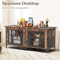 Vista 4 de Mueble de jaula para perros, jaula doble para perros con parte superior de almacenamiento y cuencos giratorios para alimentos, perrera decorativa