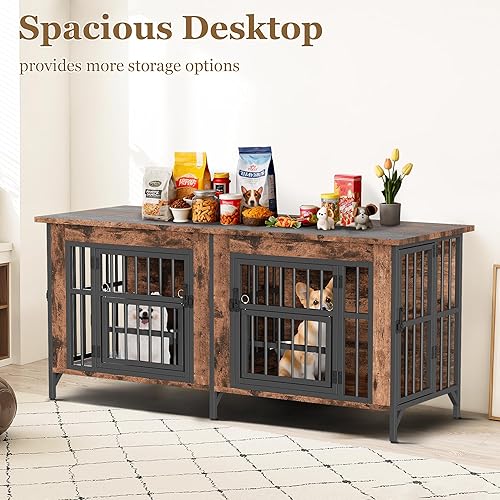 Miniatura 4 de Mueble de jaula para perros, jaula doble para perros con parte superior de almacenamiento y cuencos giratorios para alimentos, perrera decorativa de