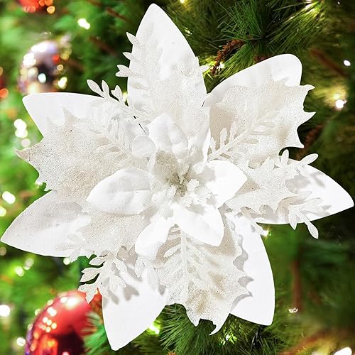 Serwalin 20 flores de Navidad artificiales de 5.5 pulgadas (5.5 in), color azul plateado, flores de pascua con clips, tallos con purpurina, adornos