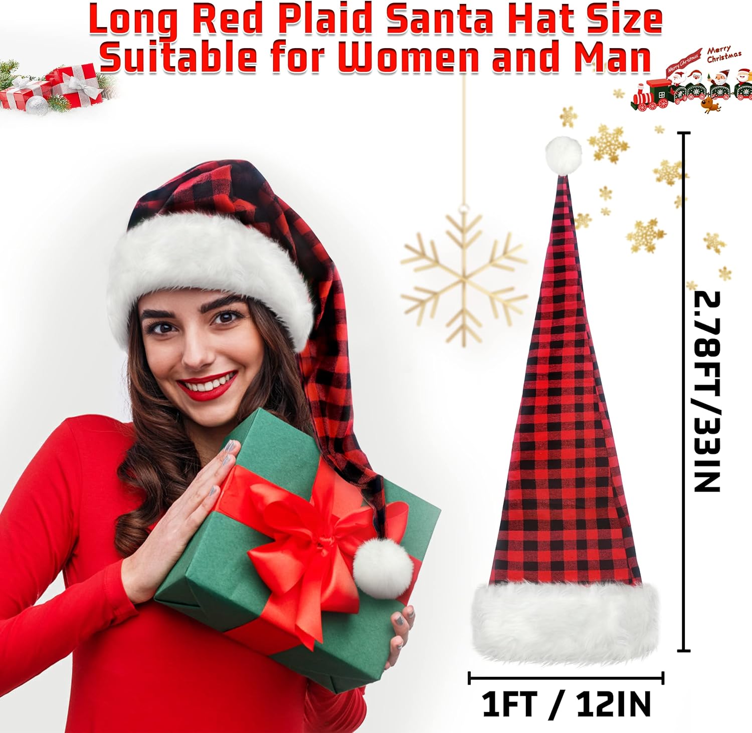 Long Santa Hat for Adult | Red Buffalo Plaid Christmas Hats,Xmax Holiday Hats for Party, Fluffy Plush Santa Claus Hats - Image 3