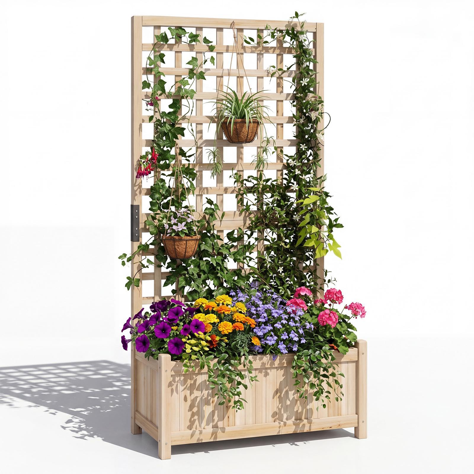 COSTWAY Jardinera Elevada con Enrejado, Macetero con Soporte para Trepadoras, Marco de de Madera de Abeto, Agujeros de Drenaje, Huerto Urbano Exterior Grande para Terraza Balcón Patio (Natural)