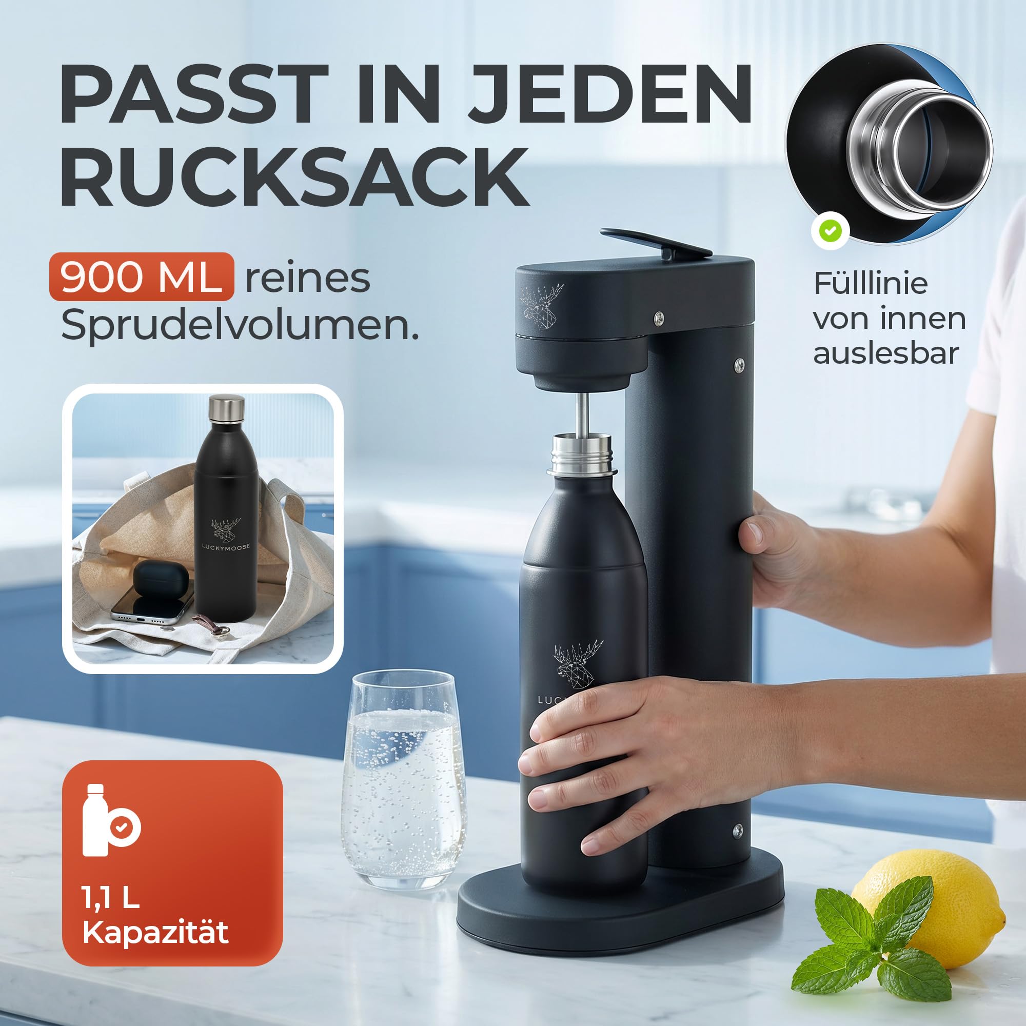 Luckymoose Infinity Edelstahlflasche (1,1L) kompatibel mit SodaStream DUO & TERRA Wassersprudler – Umweltfreundlich, Bruchsicher und Spülmaschinenfest – hochwertiger 304 Edelstahl statt Plastik