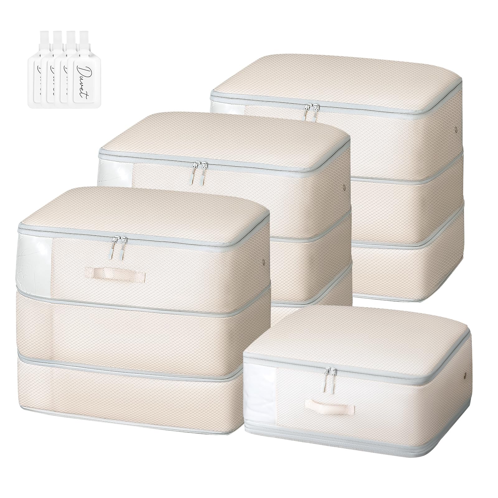 DIMJComforter Storage Bag - 110L Blanket Storage Organizer for Closet, Duvet, Pillow, Bedding, Down Jacket, Space Saving Self Compression Bags with Clear Window Handle, Sheet Storage, 3 Pack