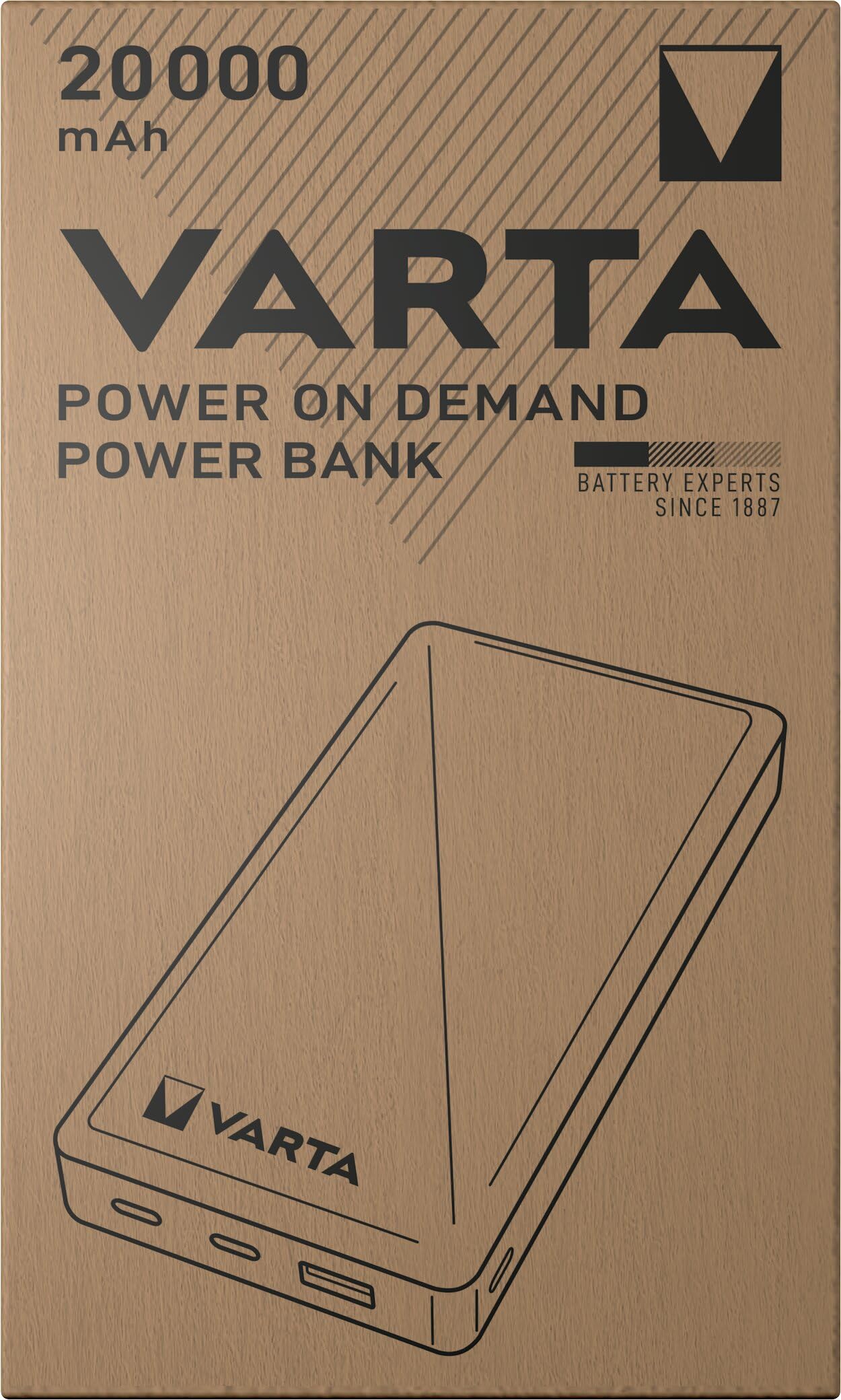 VARTA Power Bank 20000mAh, Powerbank Power on Demand z 3 portami (1x USB A, 2x USB C), kompatybilna z tabletami i smartfonami, w ekologicznym opakowaniu