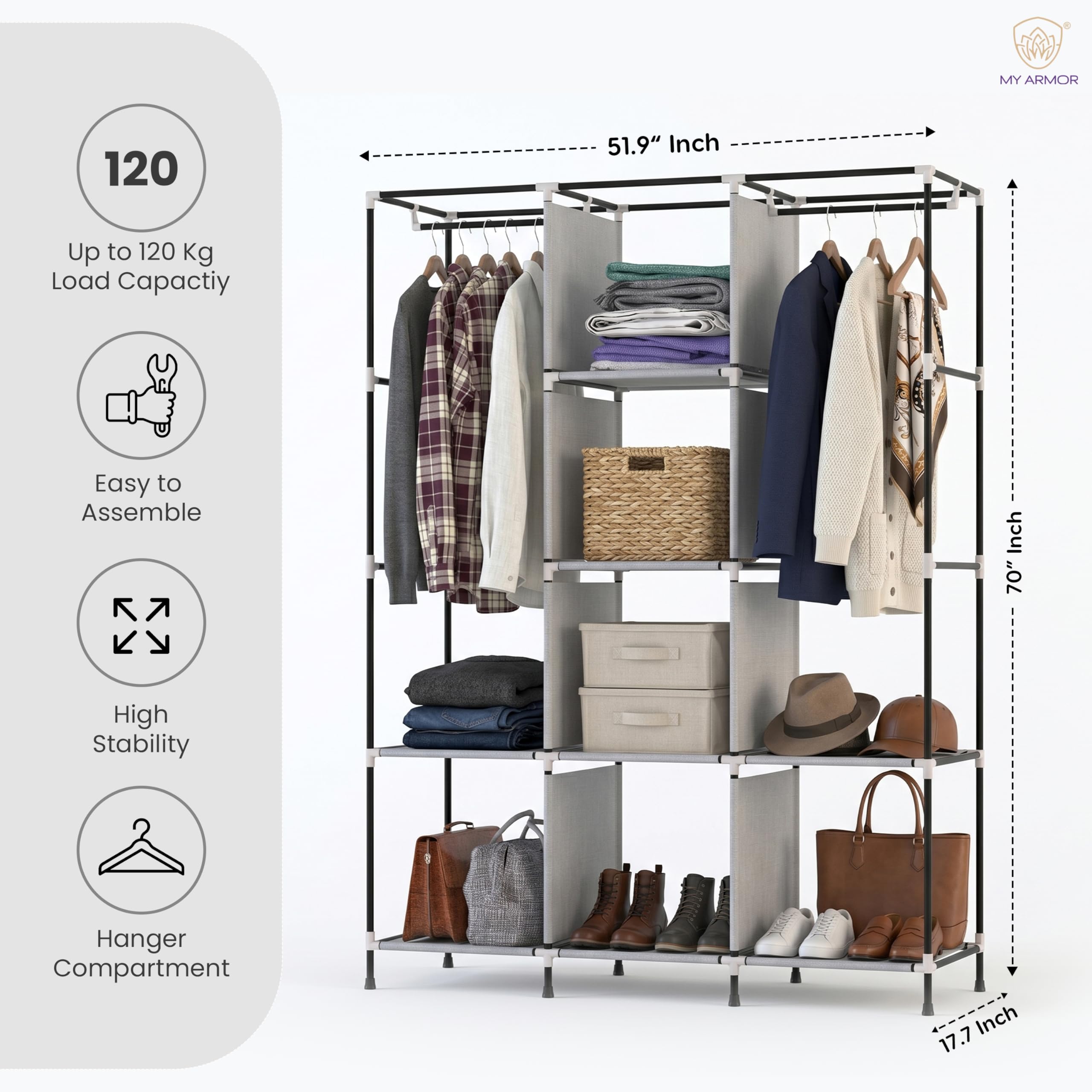 MYARMOR 3-Door Foldable Wardrobe for Clothes, Wardrobe for Storage, Multipurpose Collapsible Fabric Wardrobe Organizer for Clothes, ABS Plastic, Fabric Cupboard - 8 Shelfes, 2 Hanger Cabinet Rack 2
