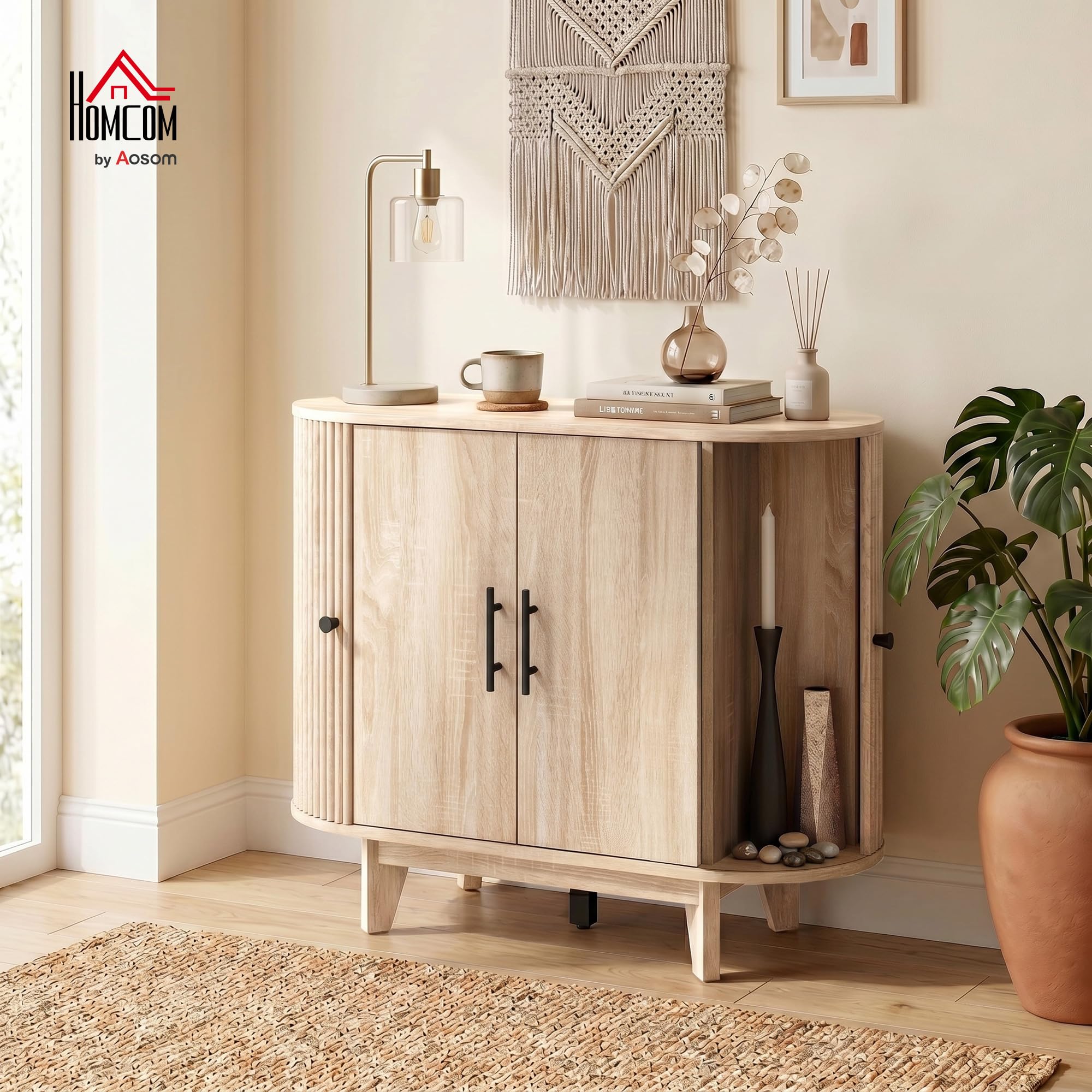 HOMCOM Buffet Salon, Meuble de Rangement Ovale avec 4 Portes et Étagère Réglable, 5 Pieds Stables, Style Moderne, Buffet Salle à Manger et Cuisine, 90x40x76cm, Chêne