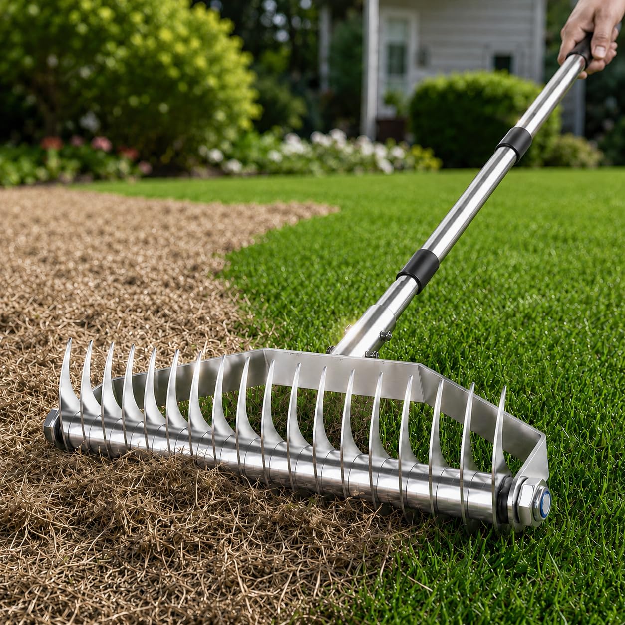 Rastrillo nivelador de césped de 36" x 10", nivelador de césped de metal resistente con mango largo ergonómico de 77", herramienta niveladora de césped, rastrillo paisajístico para jardín, patio, cé