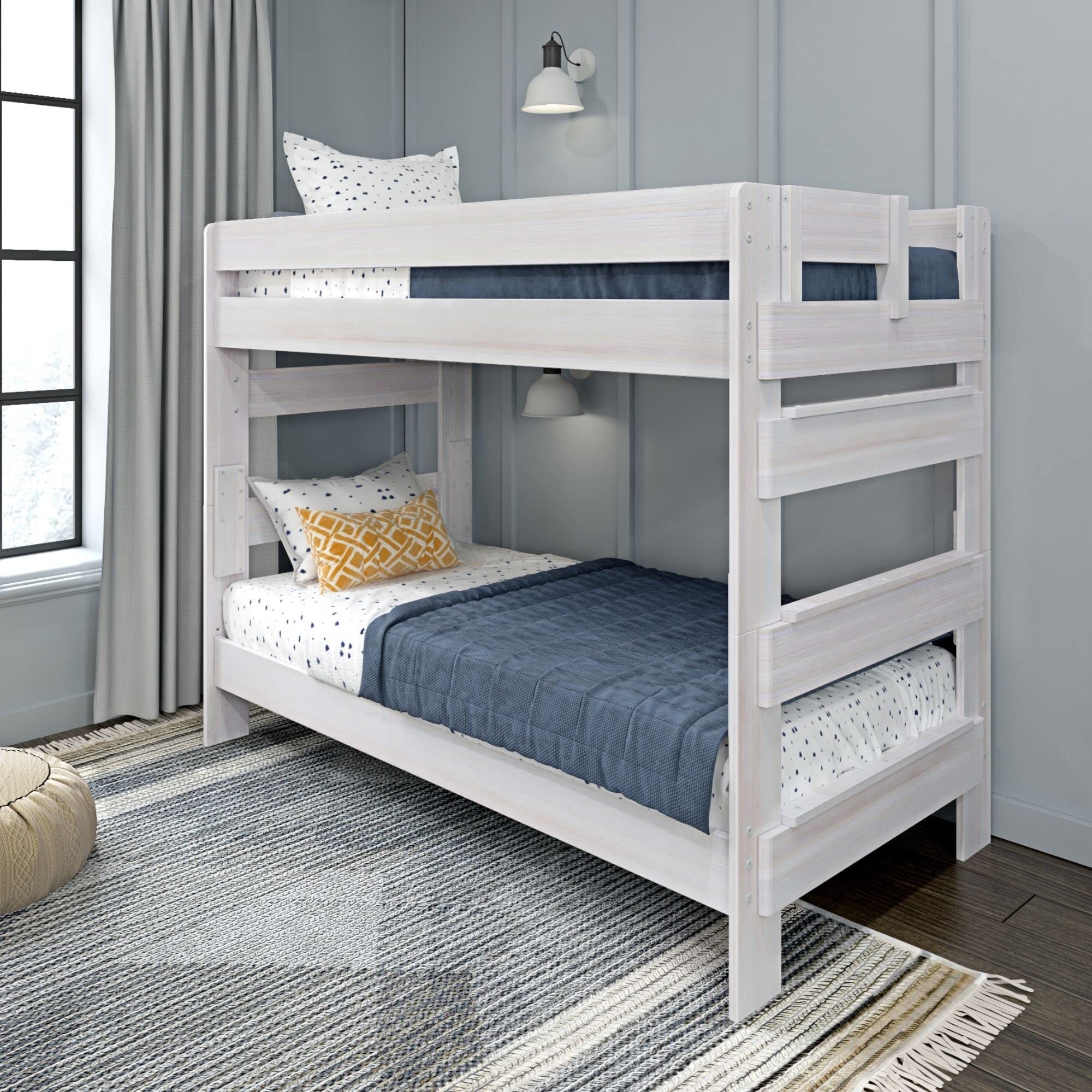 Max & Lily Bunk Bed, Twin-Over-Twin Bed Frame For Kids, Solid Wood Bunk Bed for Kids, No Box Spring Needed, White Wash
