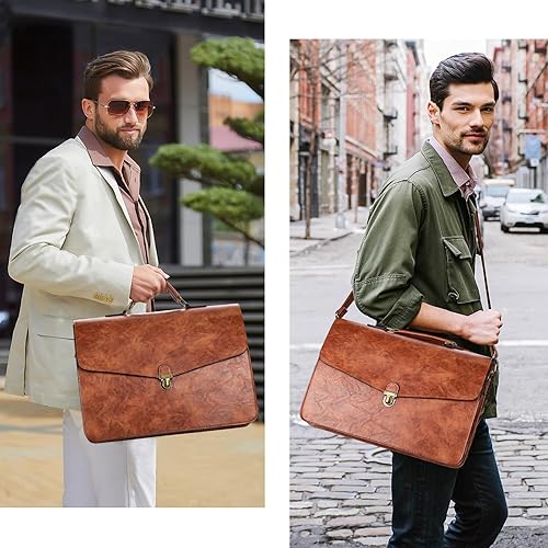 Miniatura 7 de ESTARER Maletín de cuero para hombre de 15.6 pulgadas, bolsa de mensajero para computadora portátil, bolsa de hombro para computadora profesional de