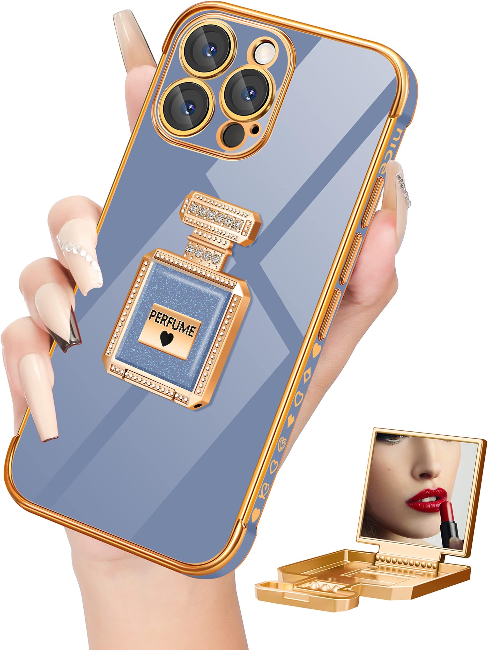 Buleens for iPhone 12 Pro Max Case with Metal Perfume Bottle Mirror Stand, Cute Women Girly Heart Cases for 12 Pro Max Case, Elegant Luxury Phone Cover for iPhone 12 Pro Max Case 6.7'' Dark Blue