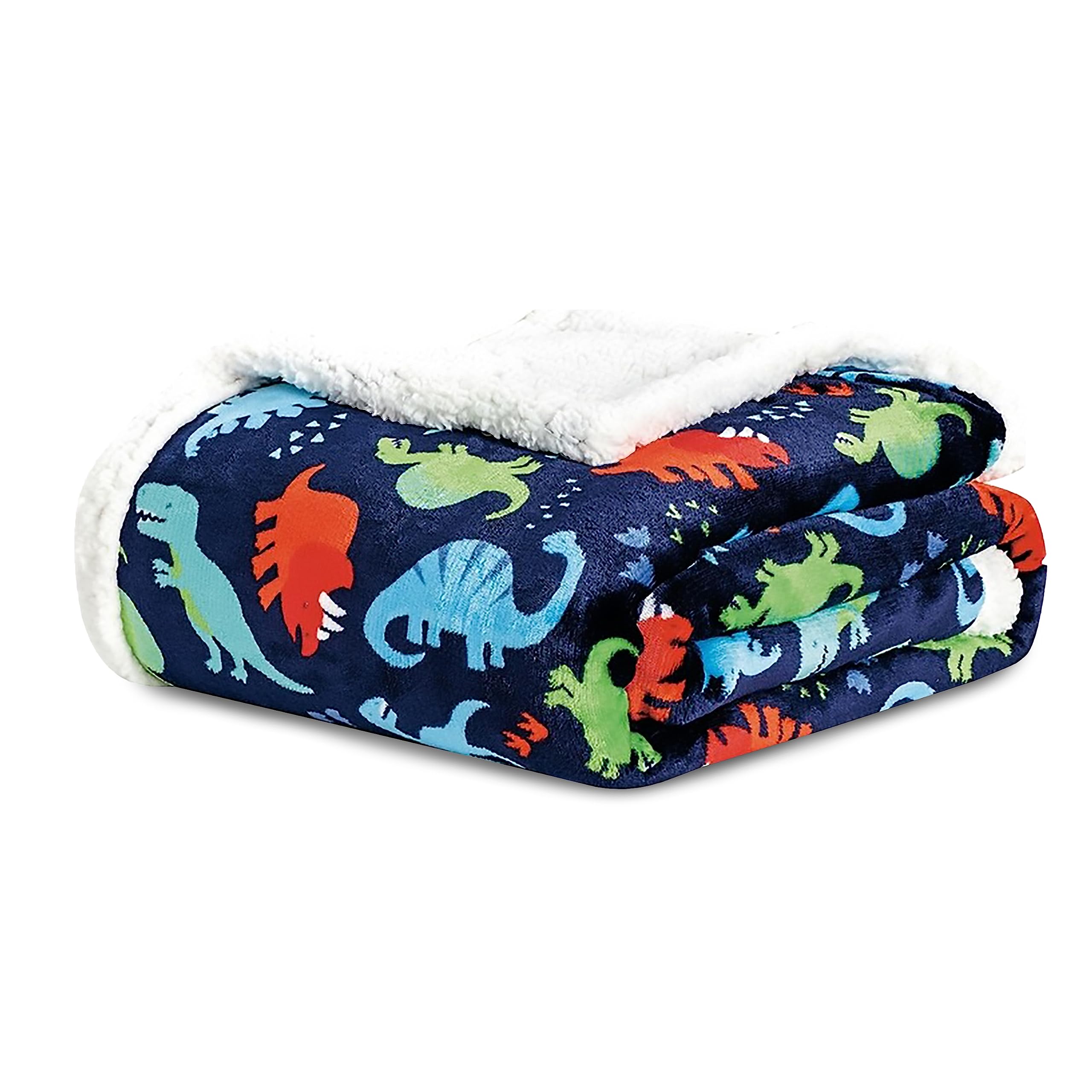 Elegant Comfort Luxury Dinosaur Sherpa Throw Blanket Ultra -Soft Cozy Velvet Cute Dino Fleece Throw-Micromink Sherpa - Cute Birthday Gift for Boys and Girls Kids, Sherpa Reversible Blanket- Navy Dino