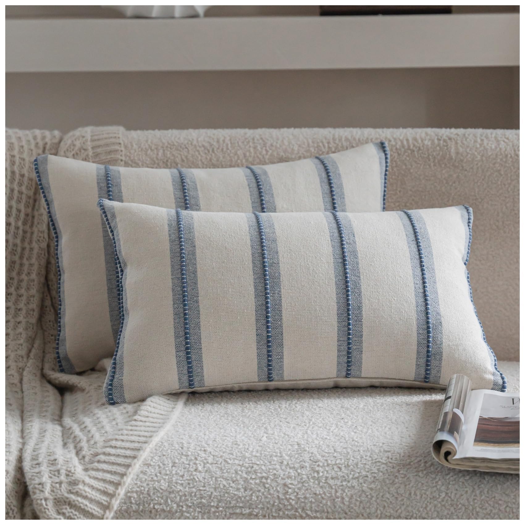 Cethom Boho Throw Pillow Covers 12x20 Set of 2 Beige and Blue Striped Decorative Pillow Cases for Couch