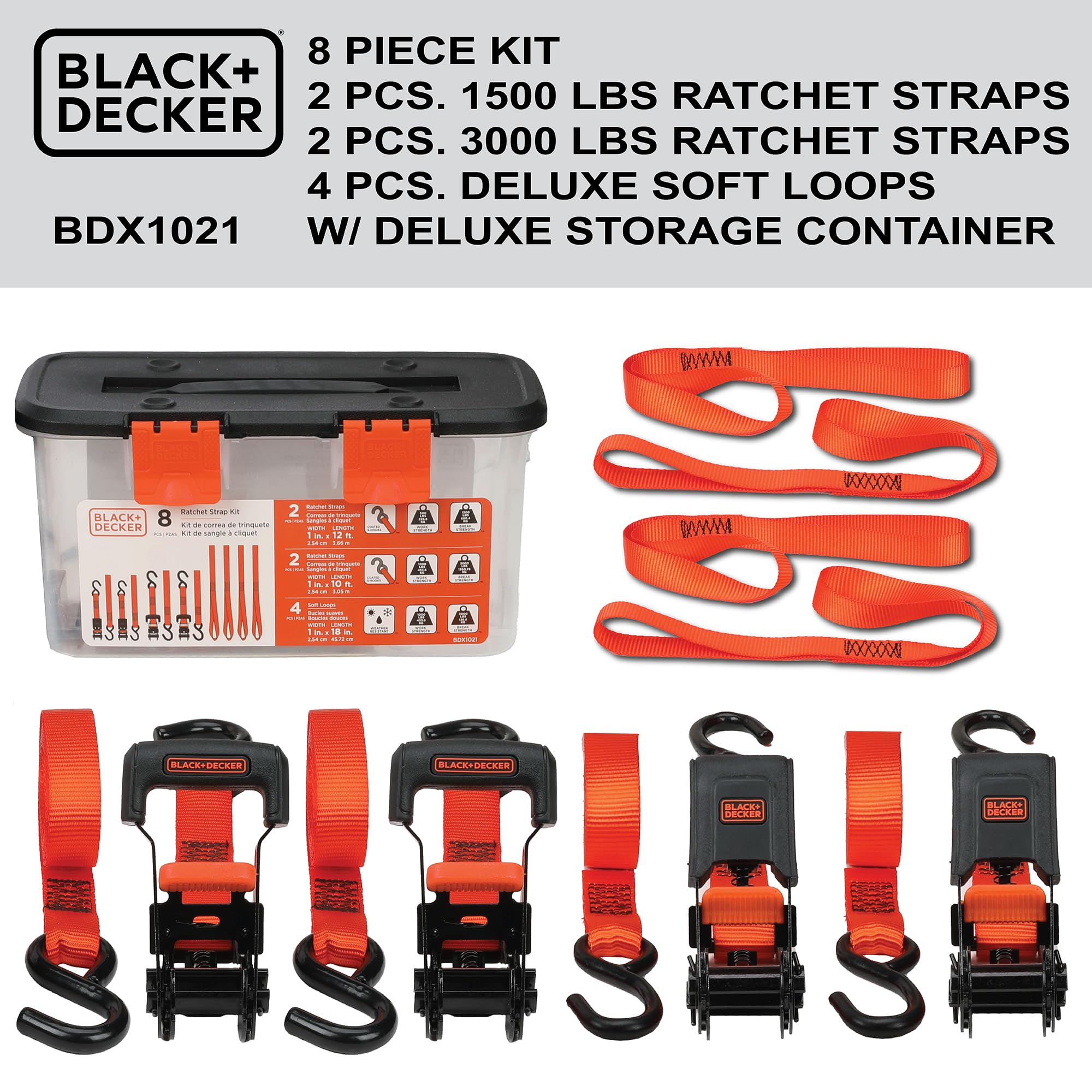 Black+Decker Kit de 8 Sangles à cliquet et Boucle Souple