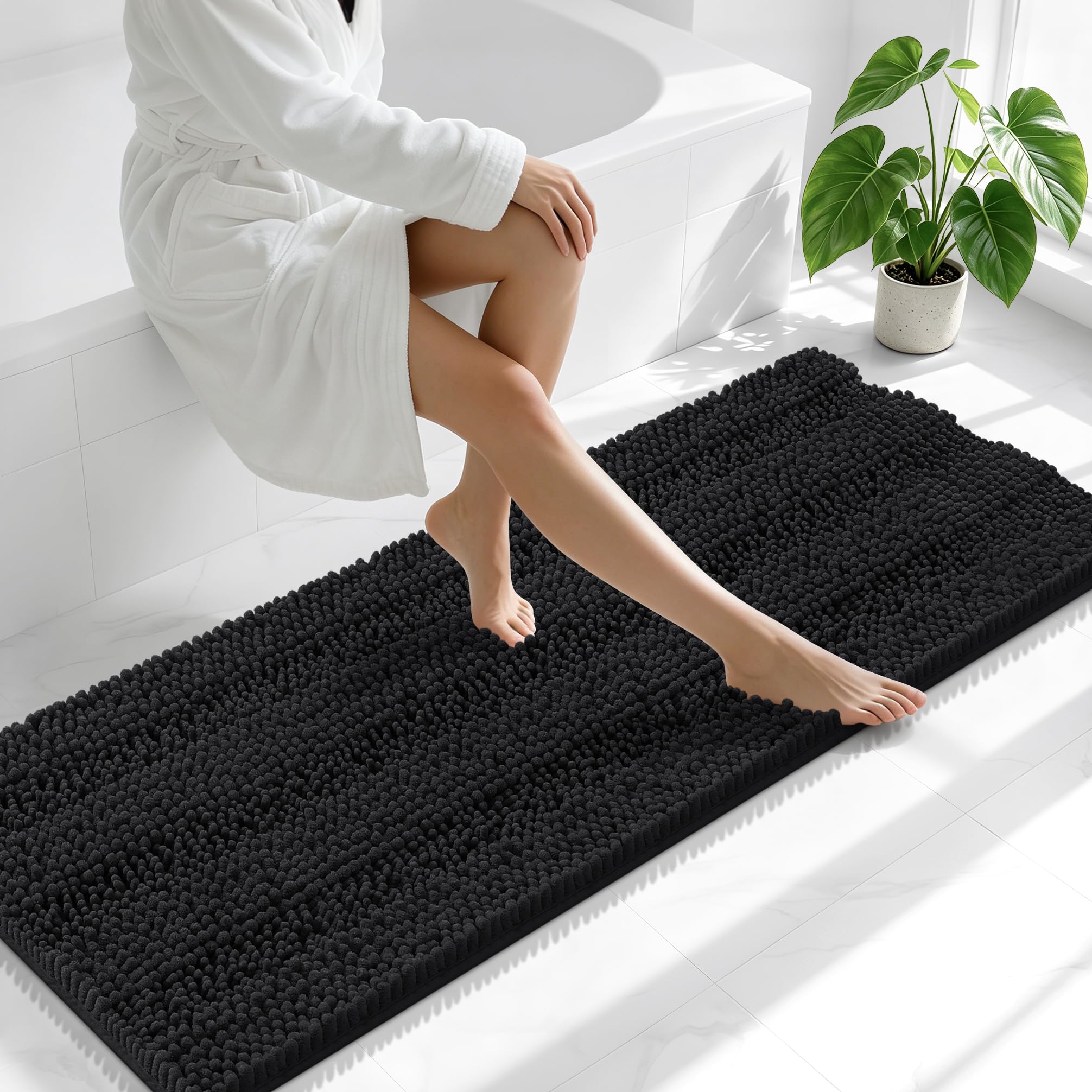 Smiry Thick Chenille Bathroom Runner Rugs 59x20, Absorbent Bath Mat, Black