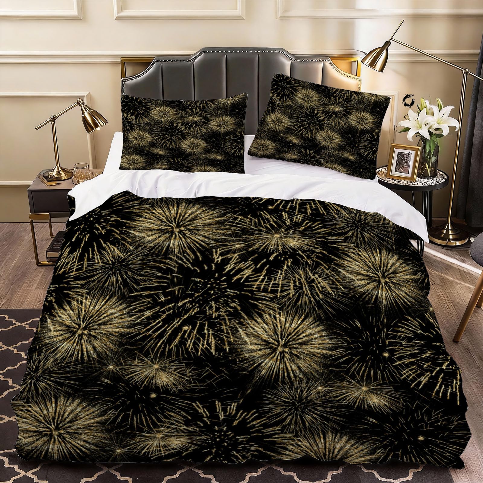 3D Fireworks Duvet Cover Simple Bedding Single Bed Set, Soft Microfiber Comforter Cover Printed with Zipper Closure Quilt Coverr 135x200 cm and 2 Pillowcases