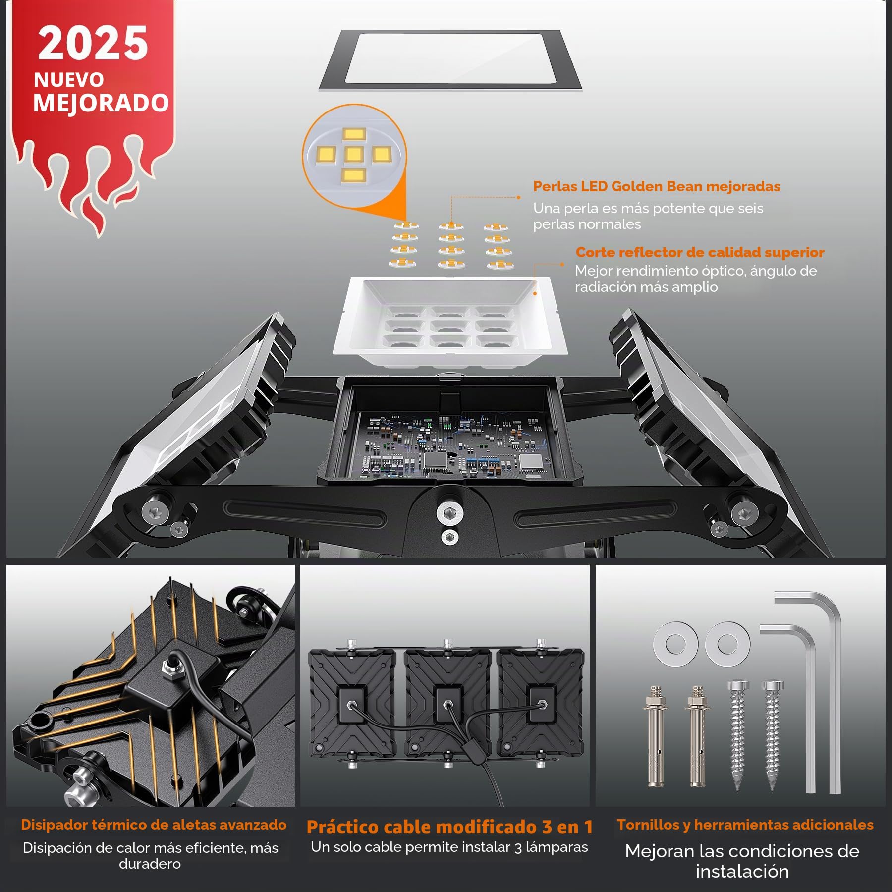 SOLLA 150W 2025 Plus RECIENTEMENTE ACTUALIZADO Foco LED para exteriores, 15000LM 6000K Luz blanca diurna IP66 Resistente al agua, iluminación de estadio, 3 cabezas ajustables Iluminación de seguridad